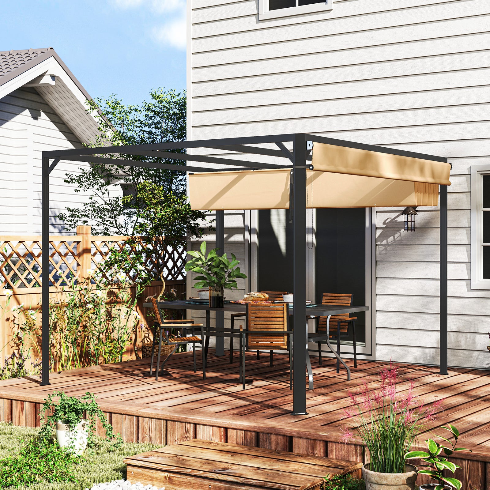 3 X 3(m) Pergola With Retractable Roof & Roller Shade | Khaki