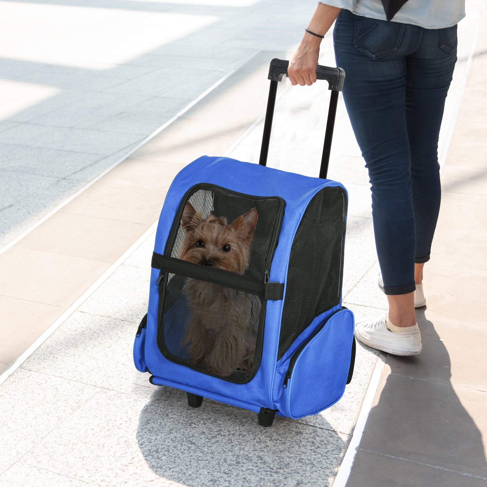 Pet Travel Backpack Bag Cat Puppy Dog Carrier W/ Trolley And Telescopic | Blue