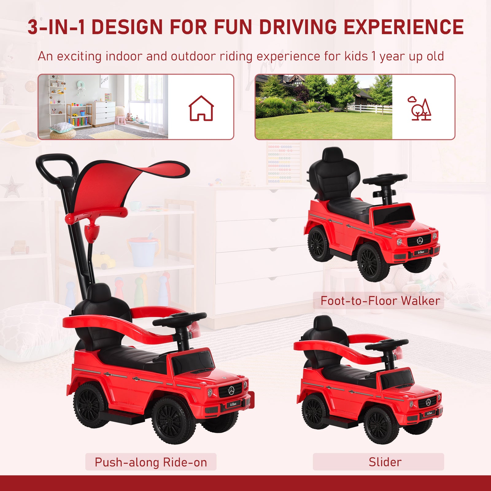 Kids Ride-on Push Car 3 In 1 Benz G350 Baby Floor Slider Walker | Red