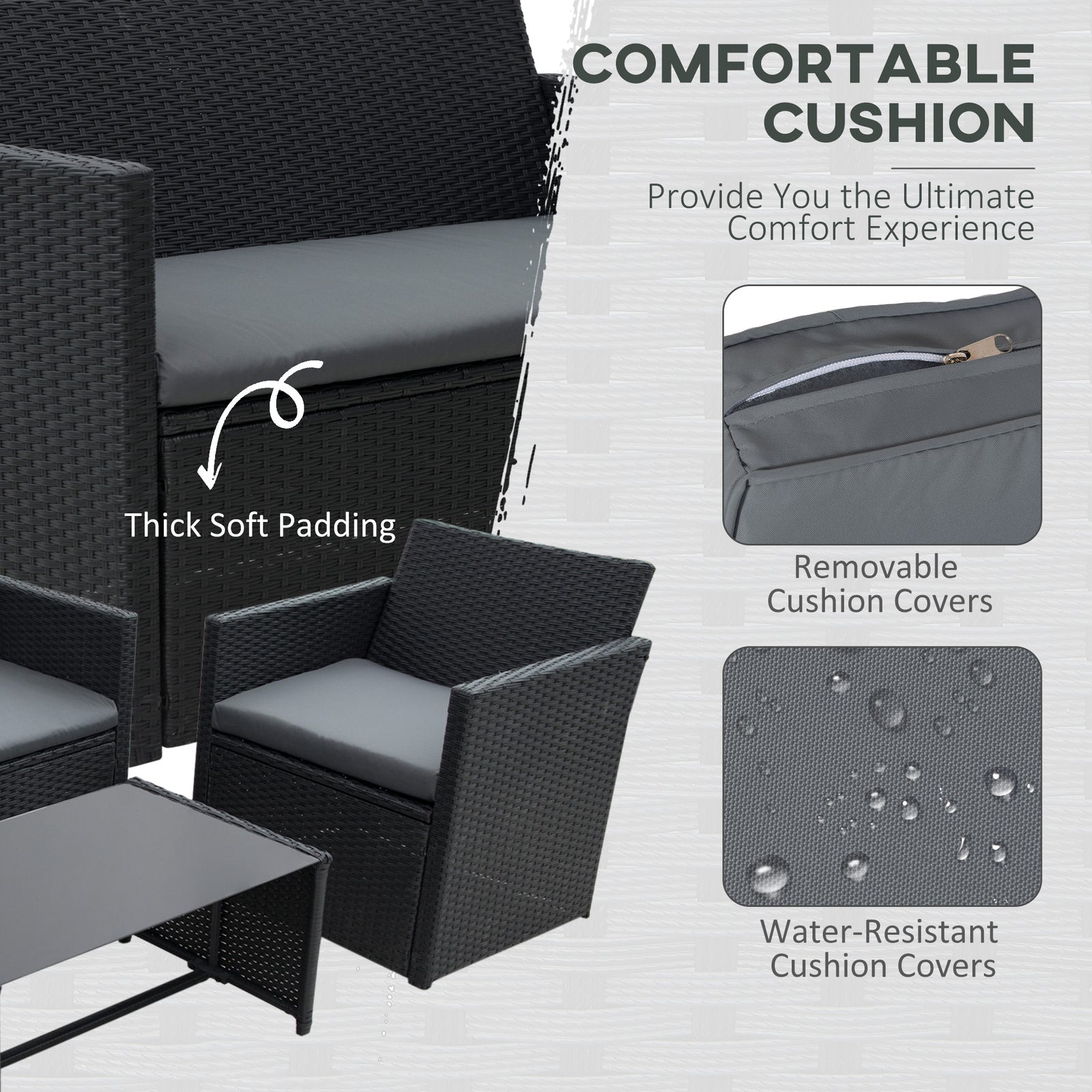 4 Piece Pe Rattan Sofa Set With Cushions | Black