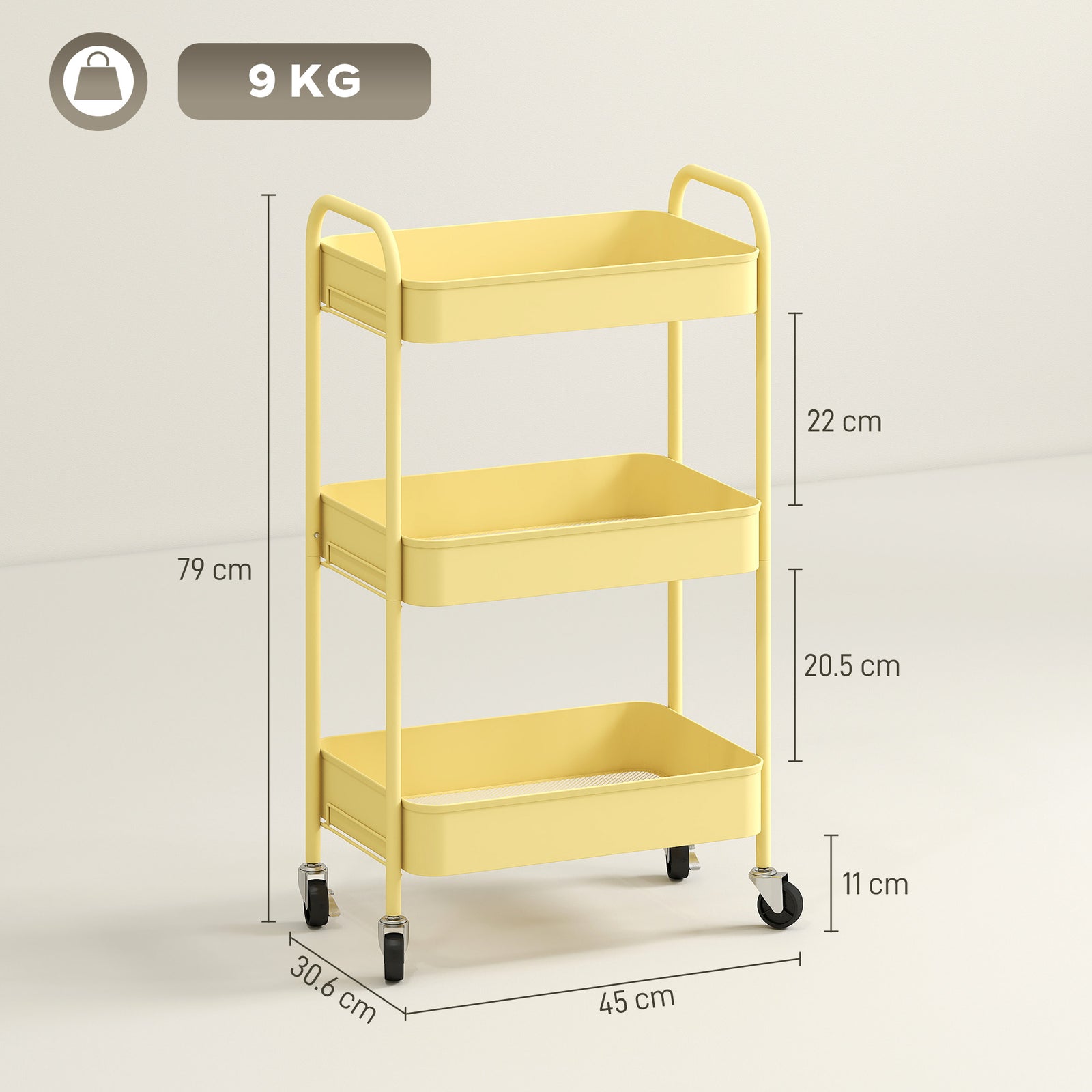 3 Tier Rolling Utility Cart With 3 Mesh Basket | One Size | Yellow