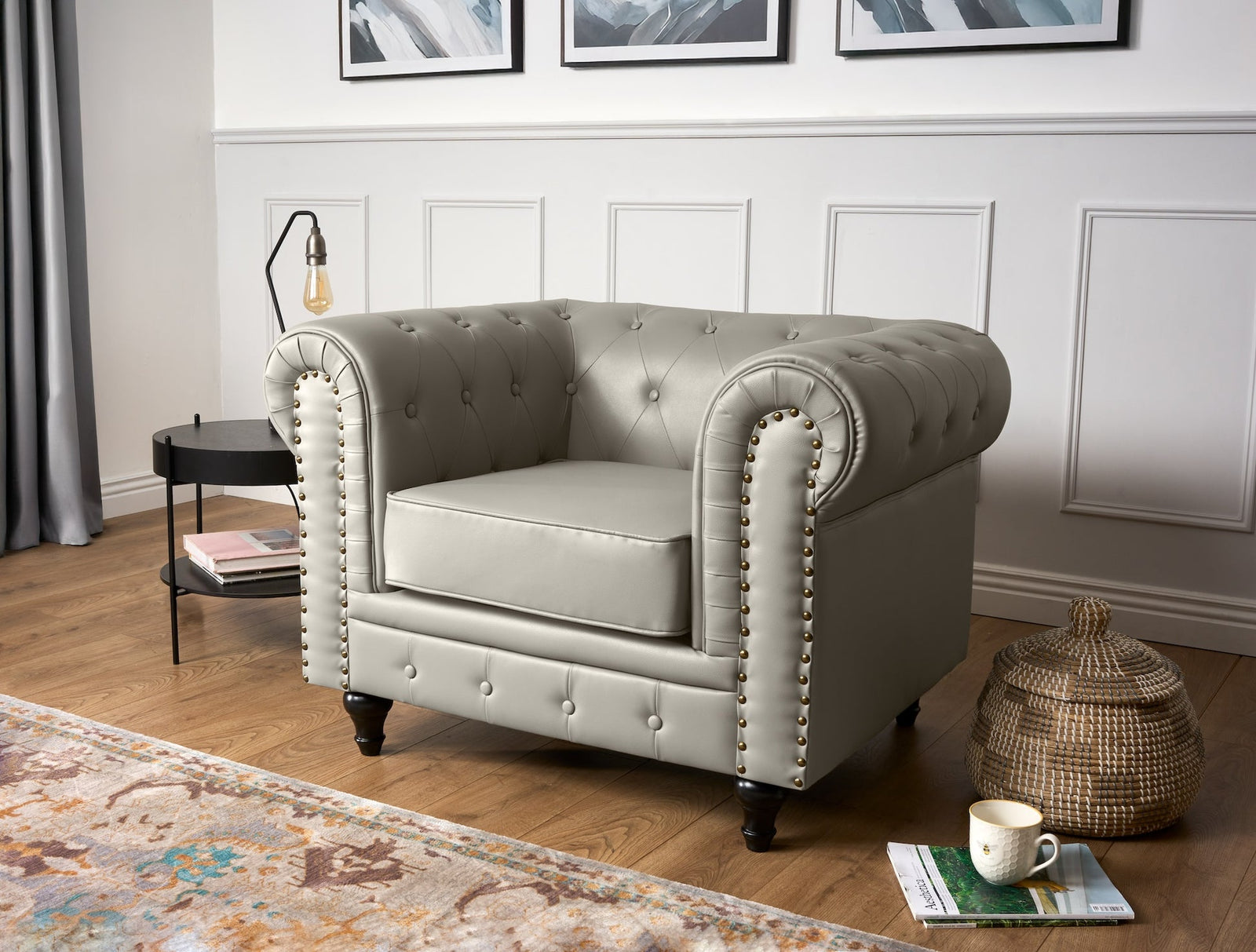 Button Tufted Faux Leather Living Room Armchair | Grey