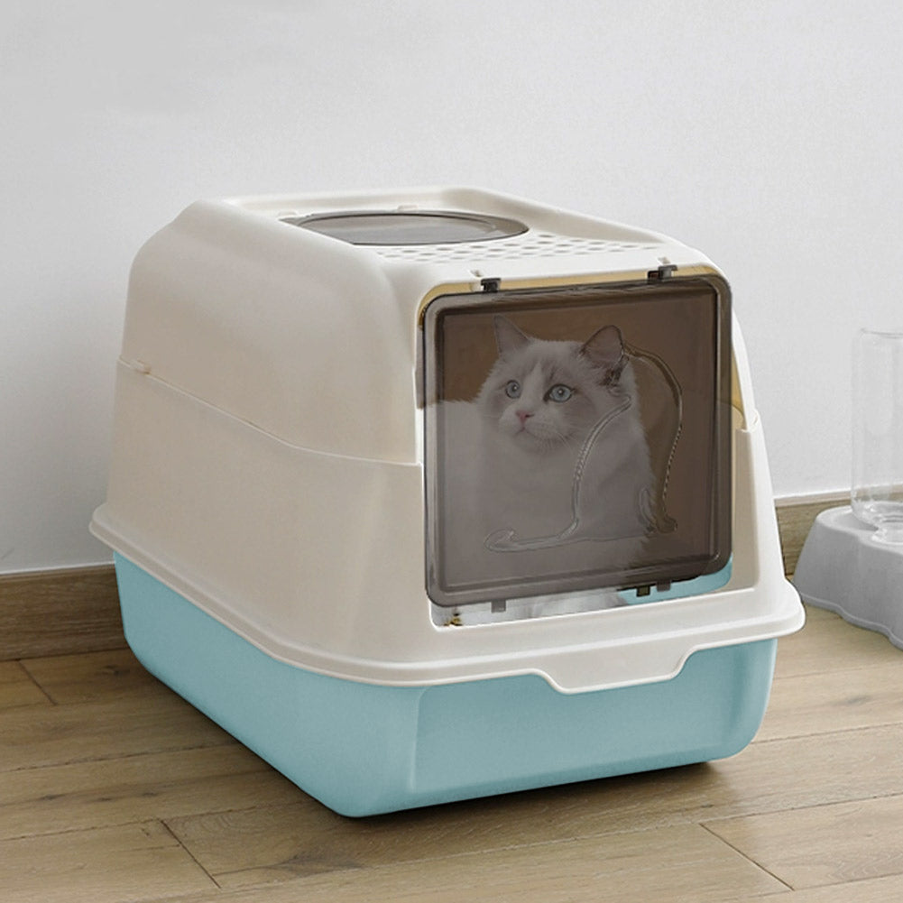 Large Hooded Top Entry Cat Litter Box With Scoop | Sky Blue