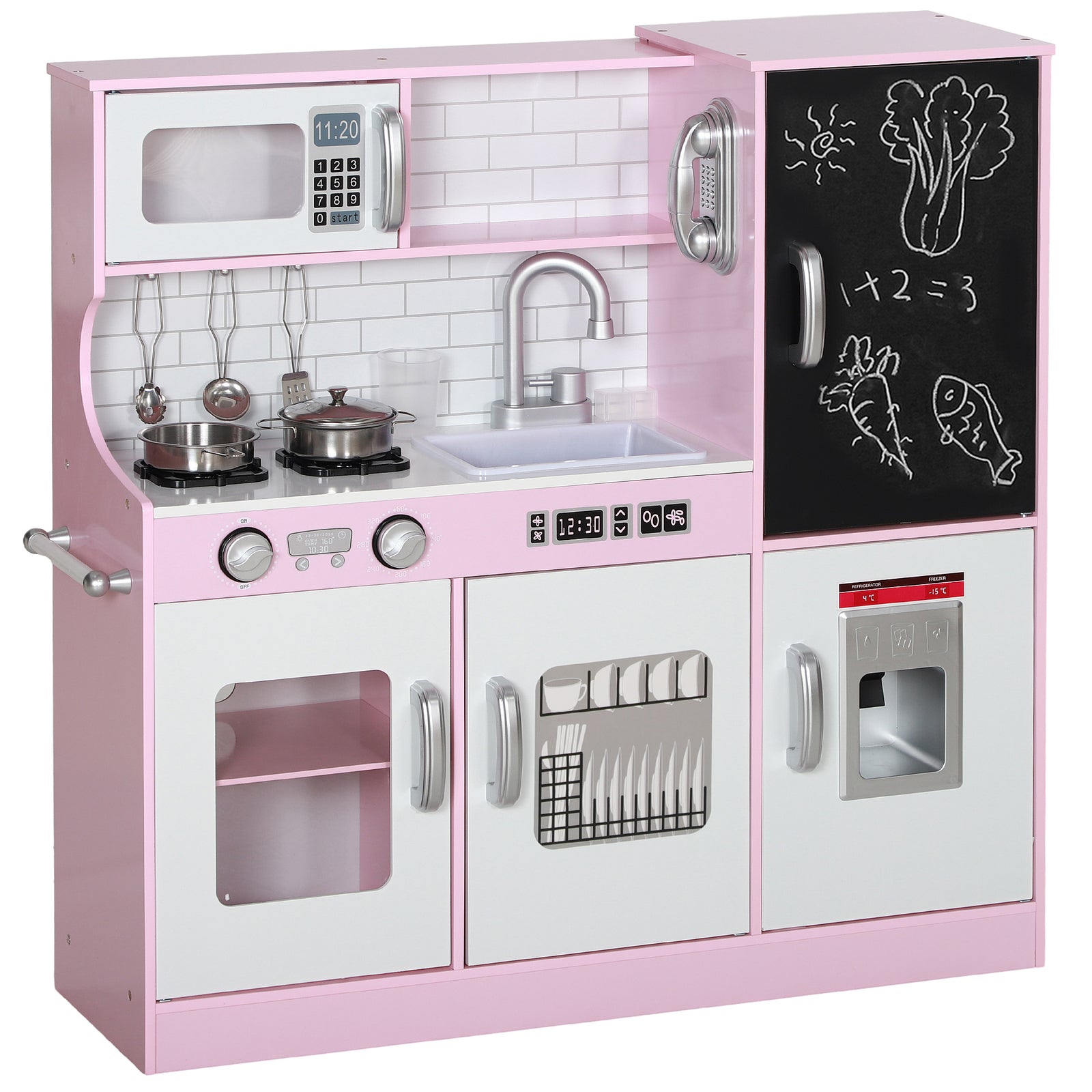 Play Kitchen, Pretend Toy Kitchen W/ Phone, Chalkboard, Sink