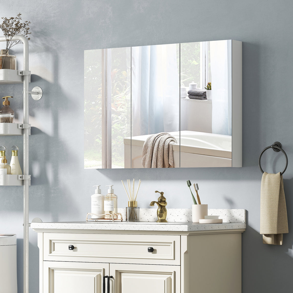 HOMCOM Bathroom Mirror Cabinet With 4 Adjustable Shelves, White