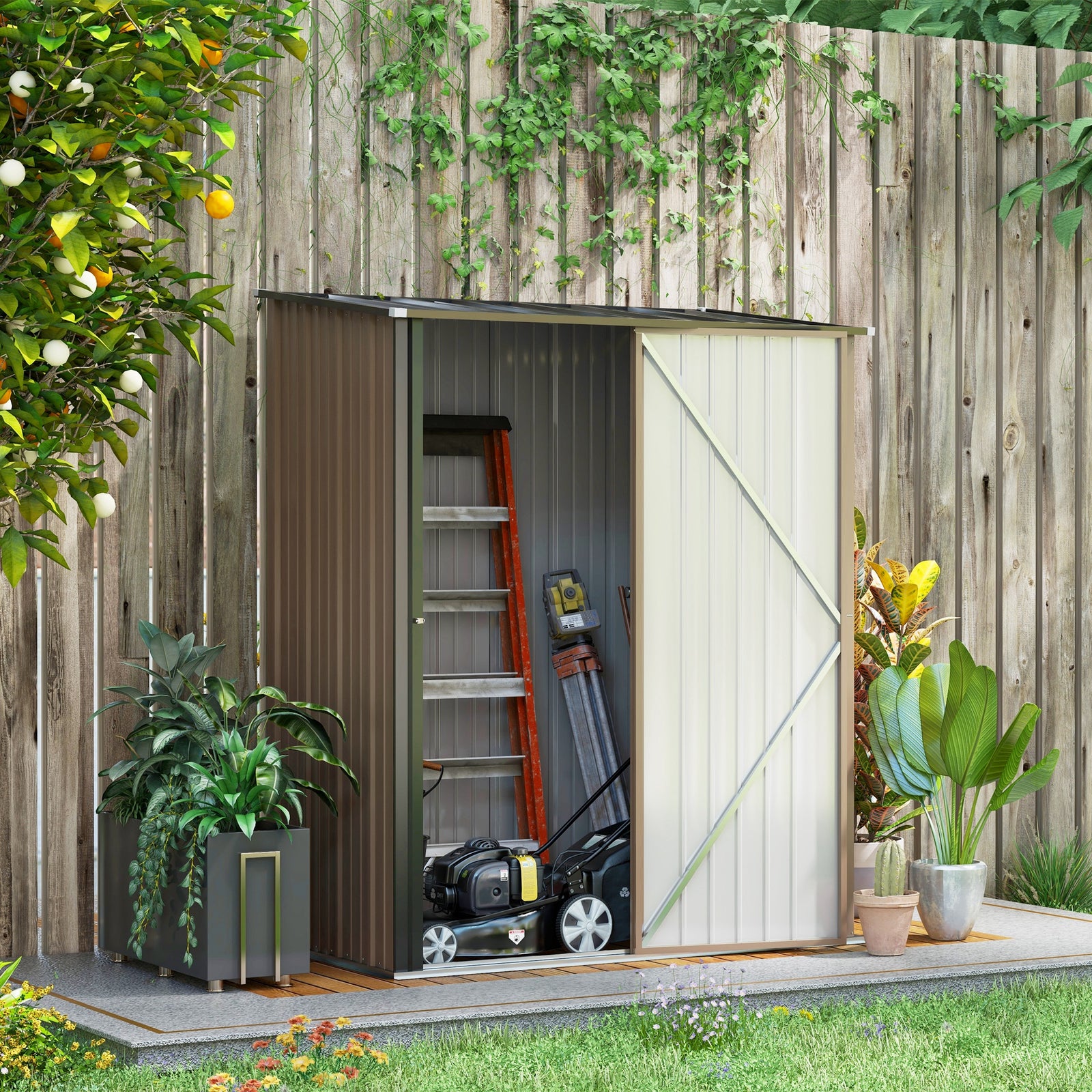 Outdoor Storage Shed Steel Garden Shed With Lockable Door | Brown