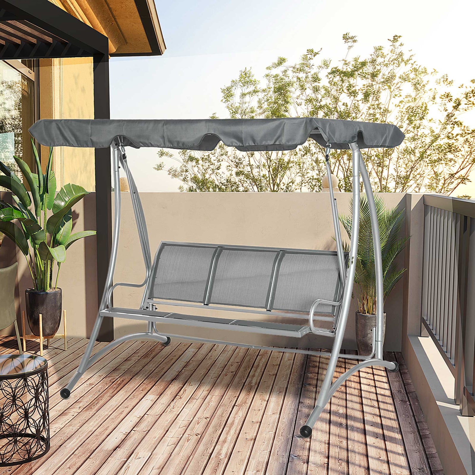 3 Seat Metal Fabric Backyard Balcony Patio Swing Chair | Gray