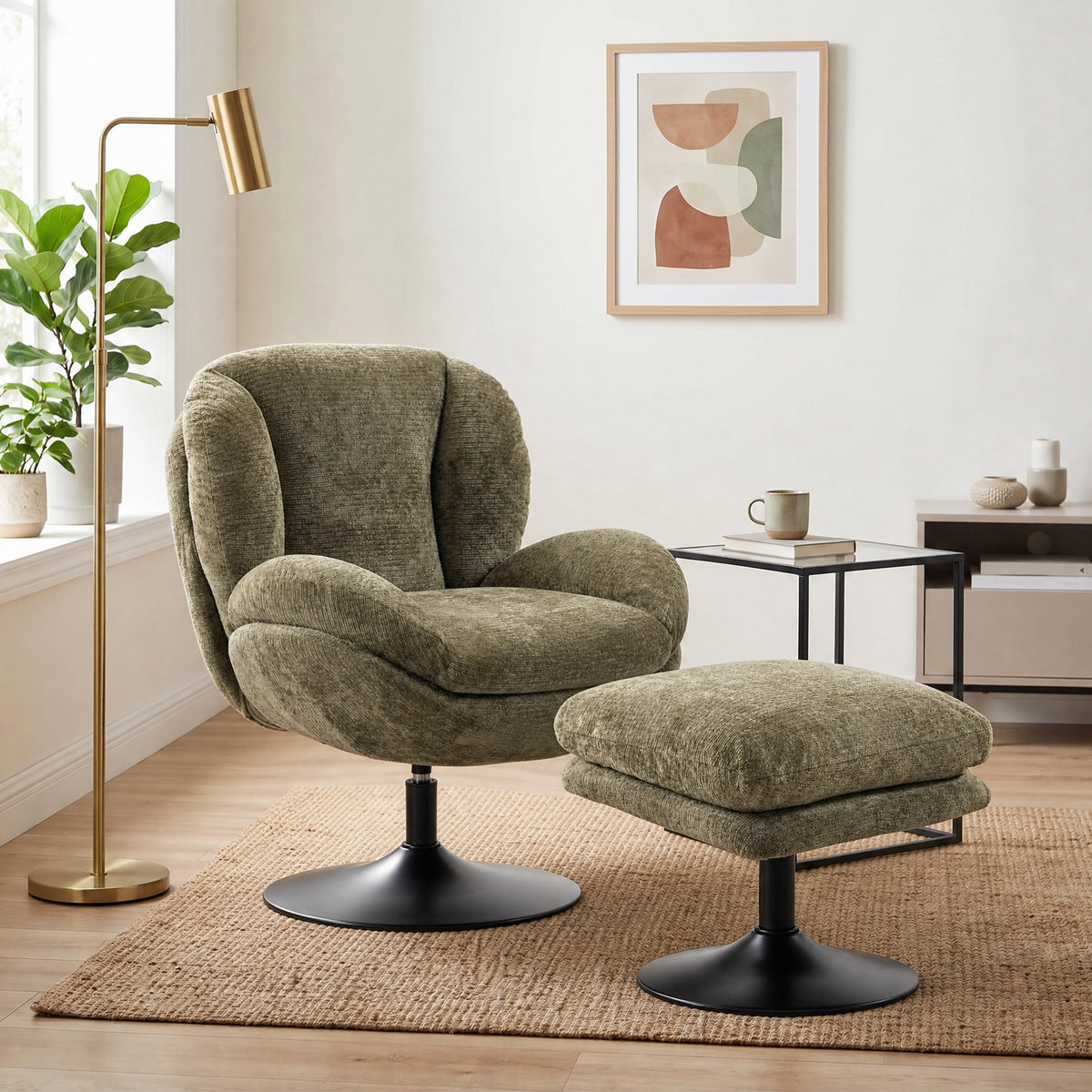 Chenille Lazy Chair With Ottoman, 360 Swivel | Dark Green