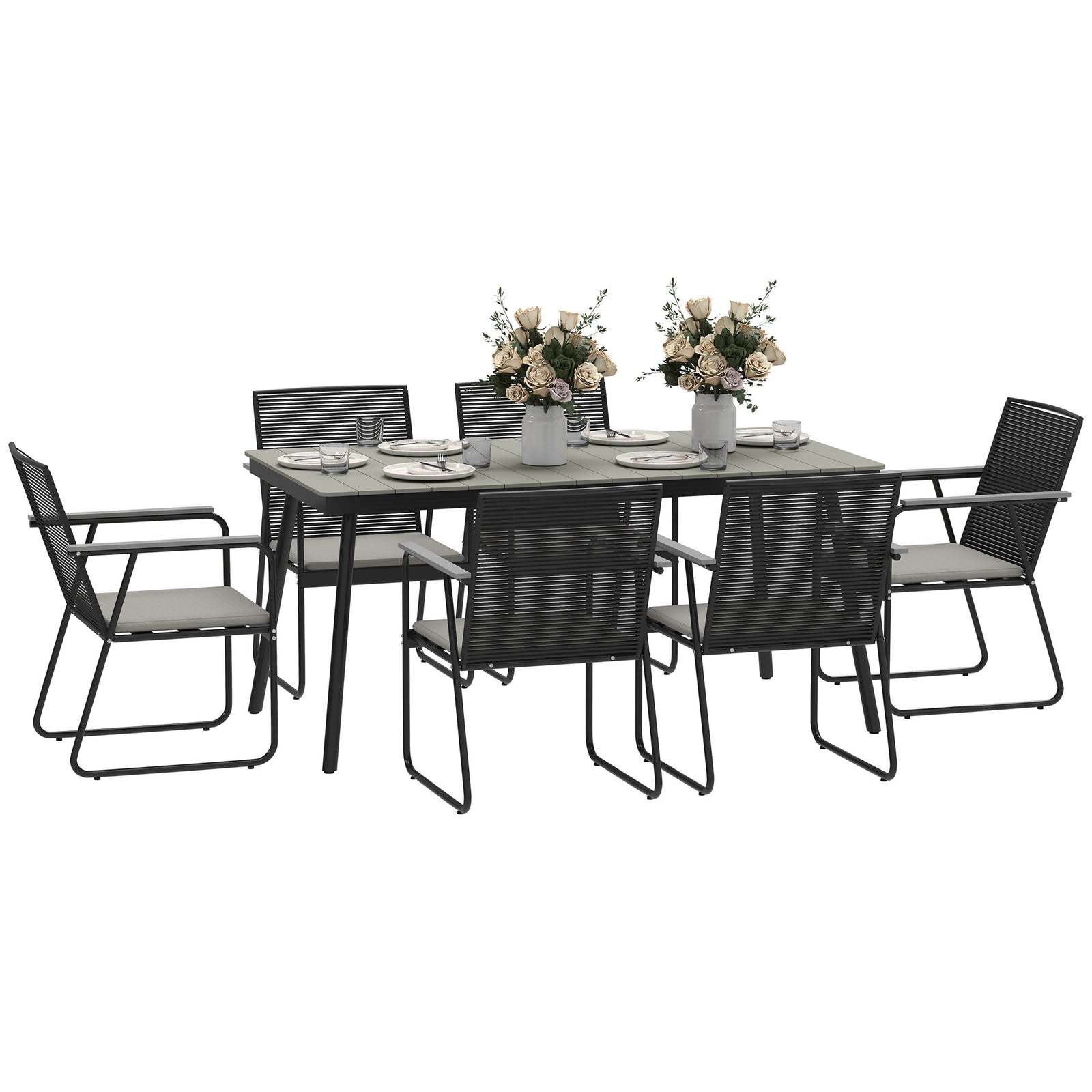 6 Seater Garden Dining Set With Cushions Rattan Backrest | Gray