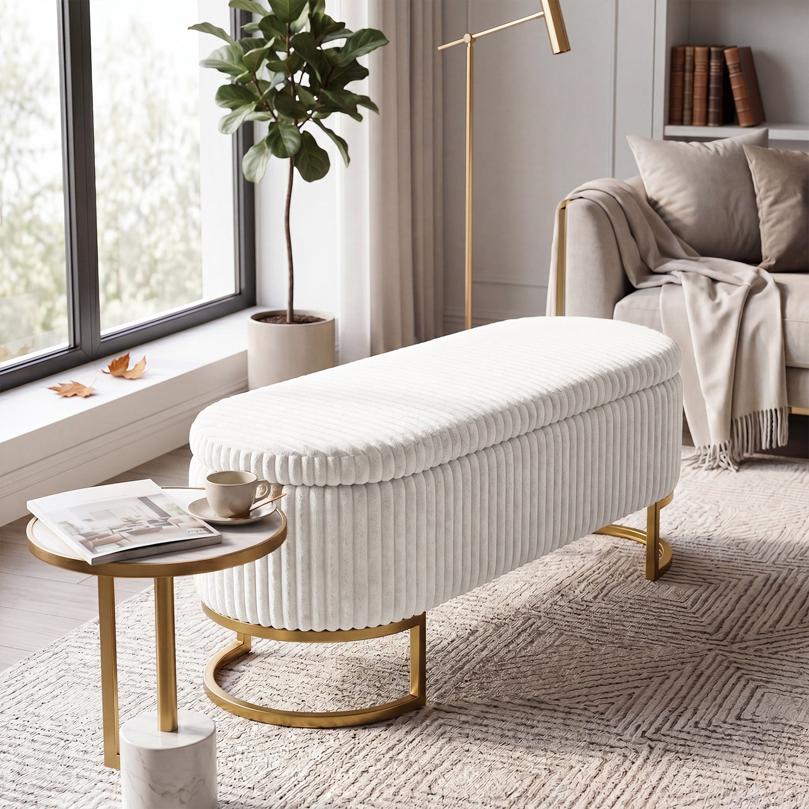 Corduroy Upholstered Storage Bench | White