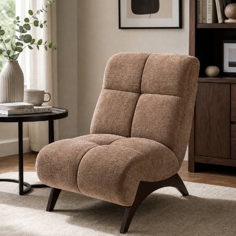 Modern Upholstered Accent Chair High Back Lounge Chair Padded Chenille Armchair With Wooden Legs | Brown