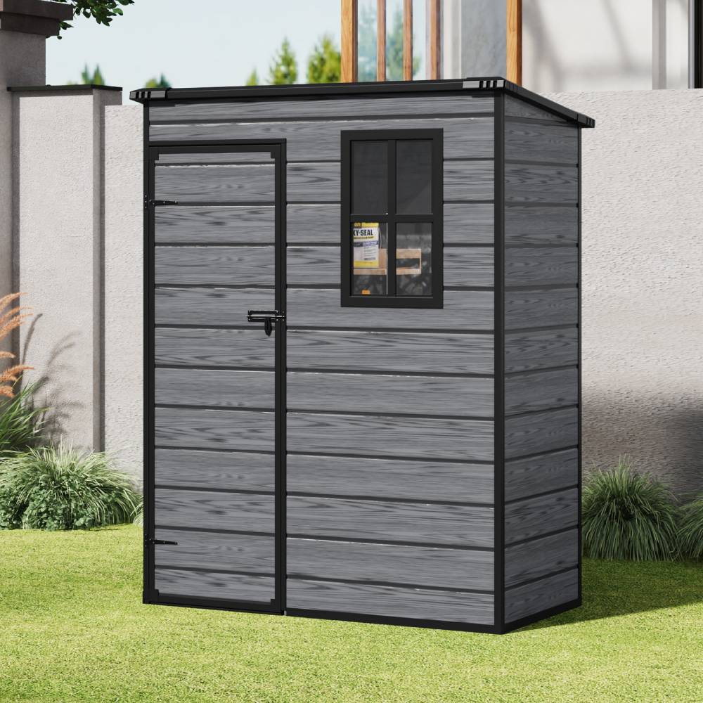 5x3ft Outdoor Plastic Storage Shed With Floor & Window, Lockable, Wood Grain Design