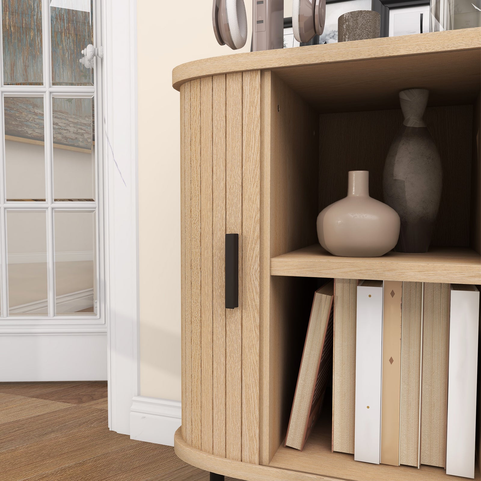 Sideboard Storage Cabinet With Slatted Tambour Sliding Doors
