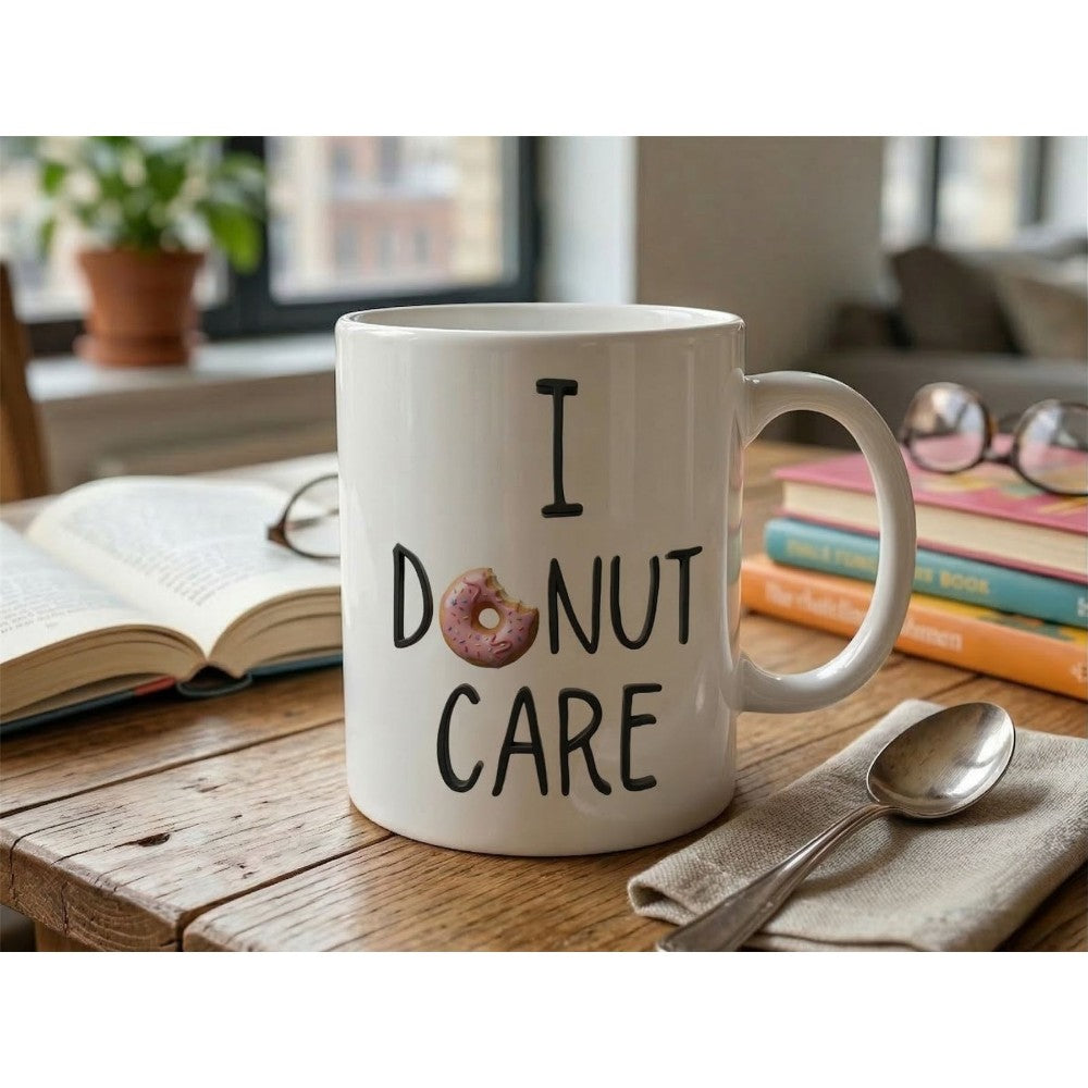 Dyzi I Donut Care White Fun Food Pun Quote Ceramic Coffee Mug