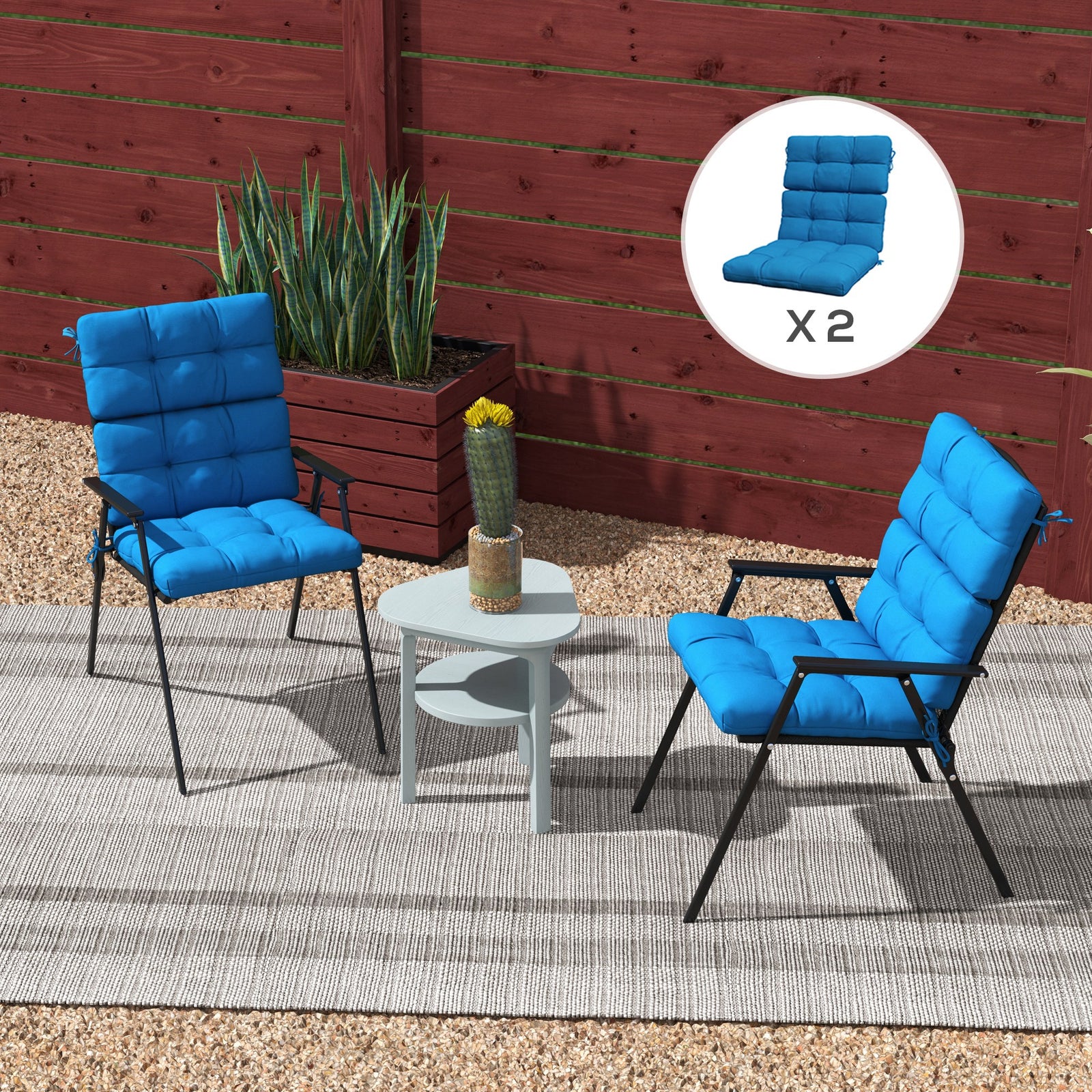 2pc Outdoor Seat Cushion With Backrest, Ties, For Garden | Blue