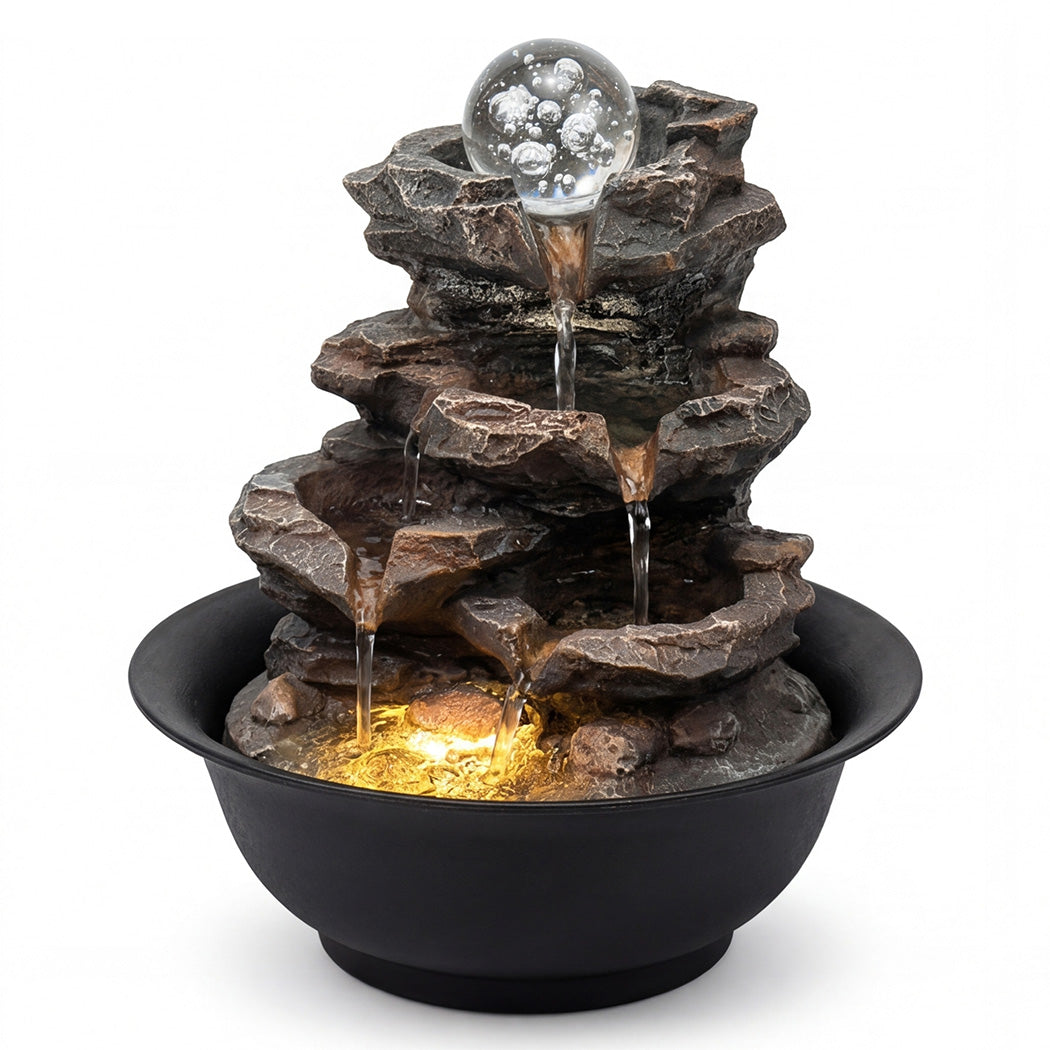 Spector Water Feature Tabletop Fountain With Glass Ball Led Resin Brown