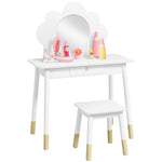 Kids Dressing Table With Mirror And Stool, Drawer, Cloud Design | White
