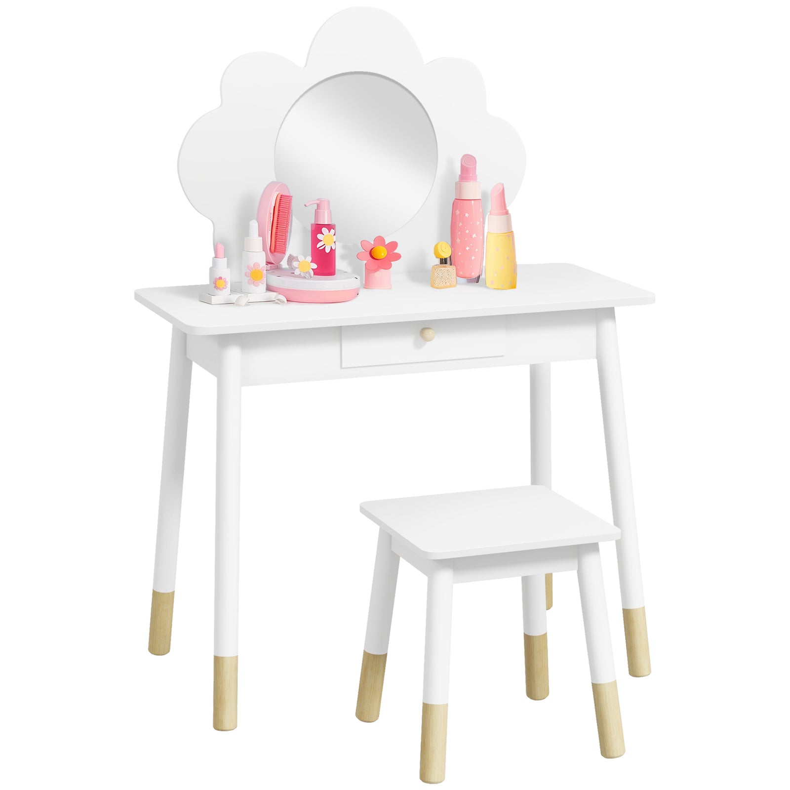 Kids Dressing Table With Mirror And Stool, Drawer, Cloud Design | White