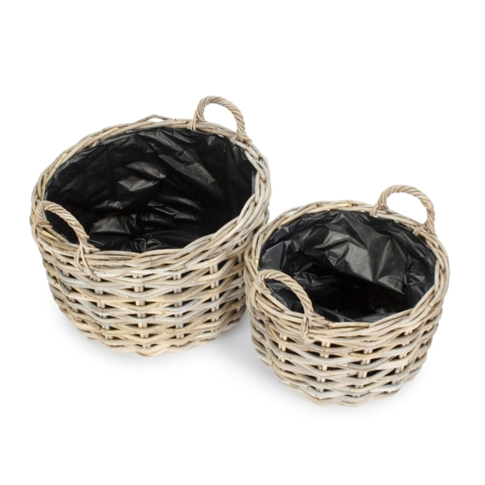 Curved Base Rattan Planter With Plastic Lining | Set of 2 | Natural