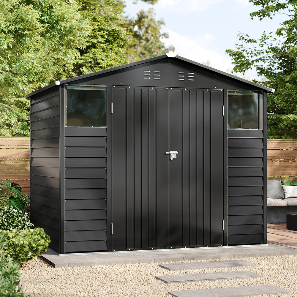 8x5.7ft Large Outdoor Metal Tool Shed With Apex Roof – Lockable Double Doors, Ventilated & Weather-resistant Garden Storage Shed | Anthracite
