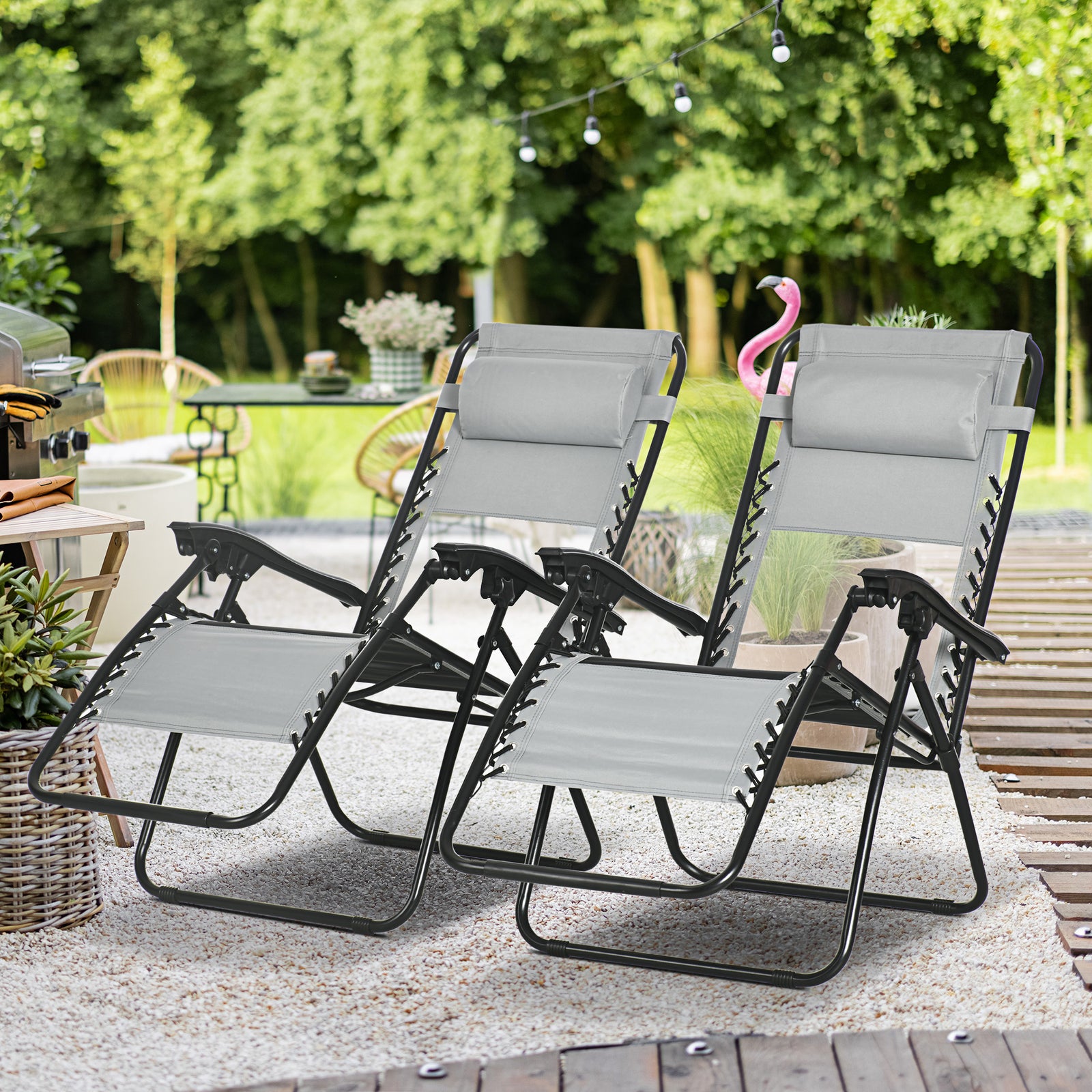 Foldable Garden Recliner Chair Set Of 2 W/ Footstool | Gray
