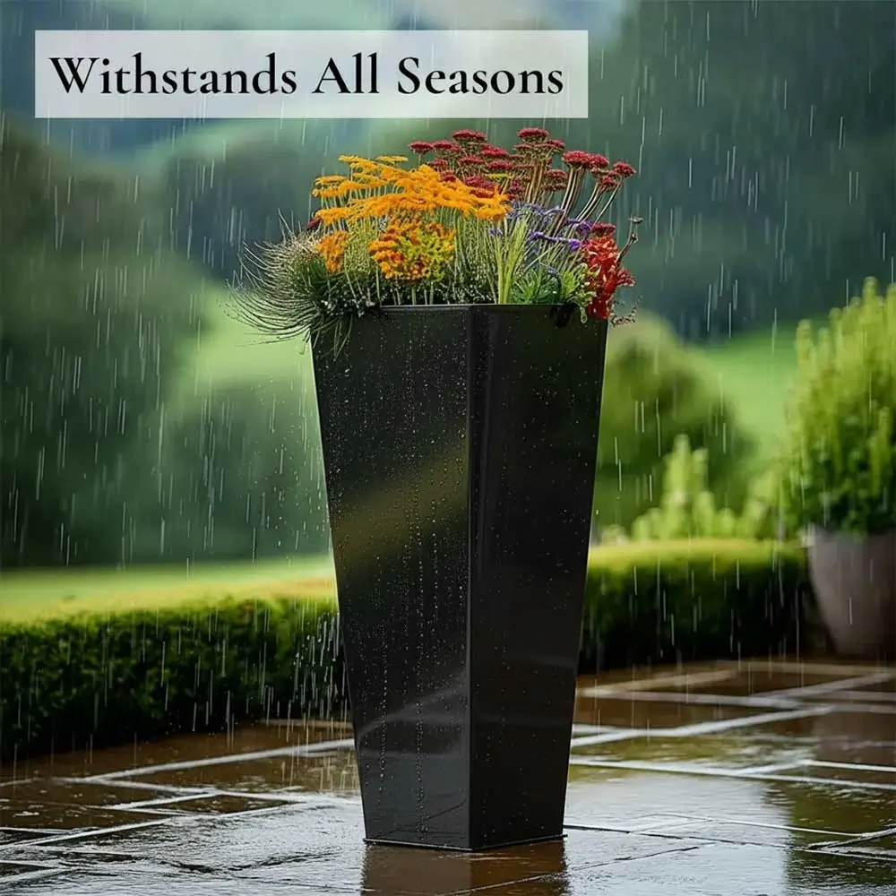 Zinc Galvanised Tall Flared Tapered Square Planter | 30cm x 30cm x 70cm | Glossy Black