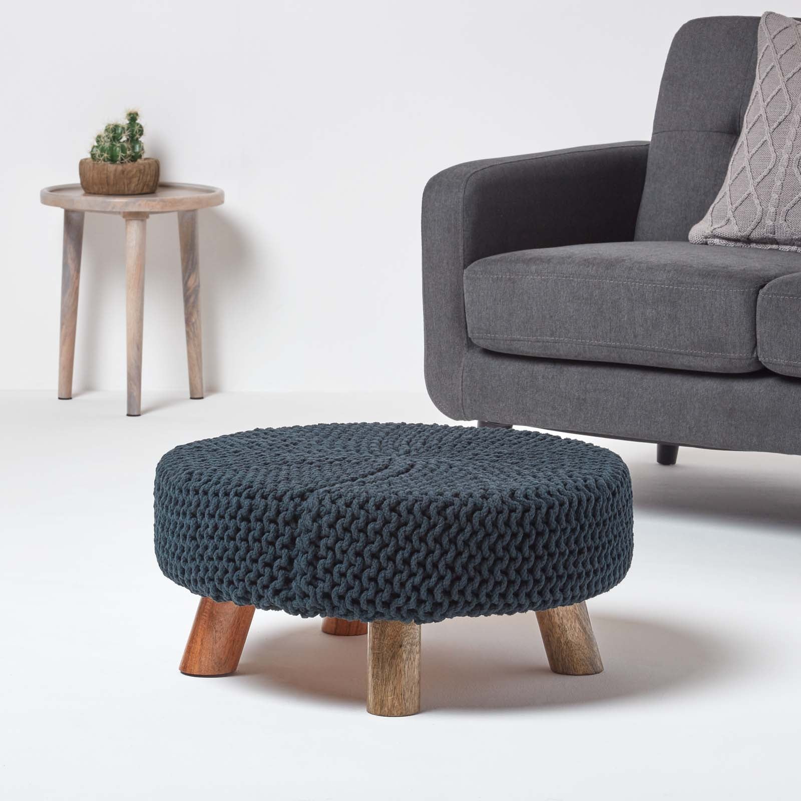 HOMESCAPES Black Large Round Cotton Knitted Footstool On Legs