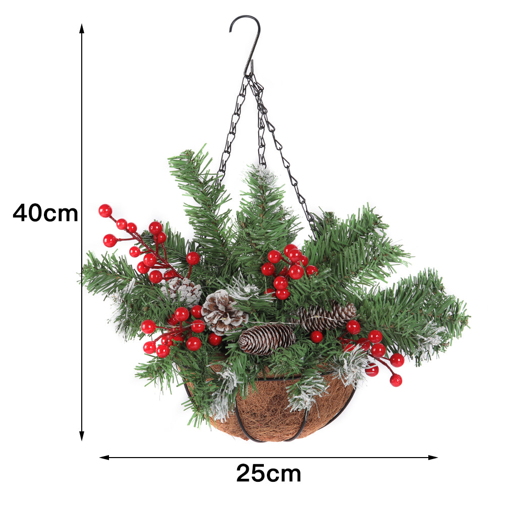 Pre Lit Artificial Christmas Hanging Basket With Frosted Pine Cone