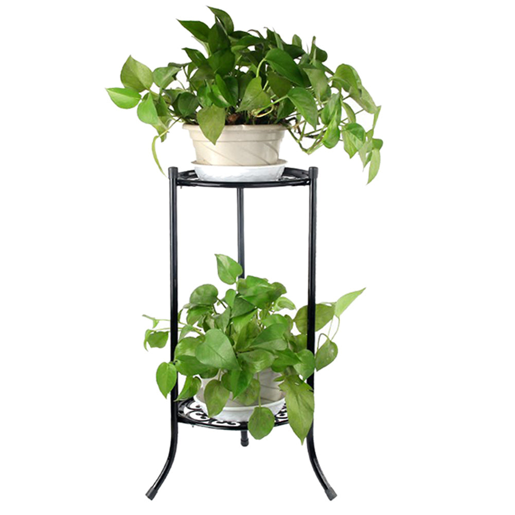 2-tier Black Vintage Metal Plant Stand Vertical Plant Display Rack With Decorative Trays 50cm Tall