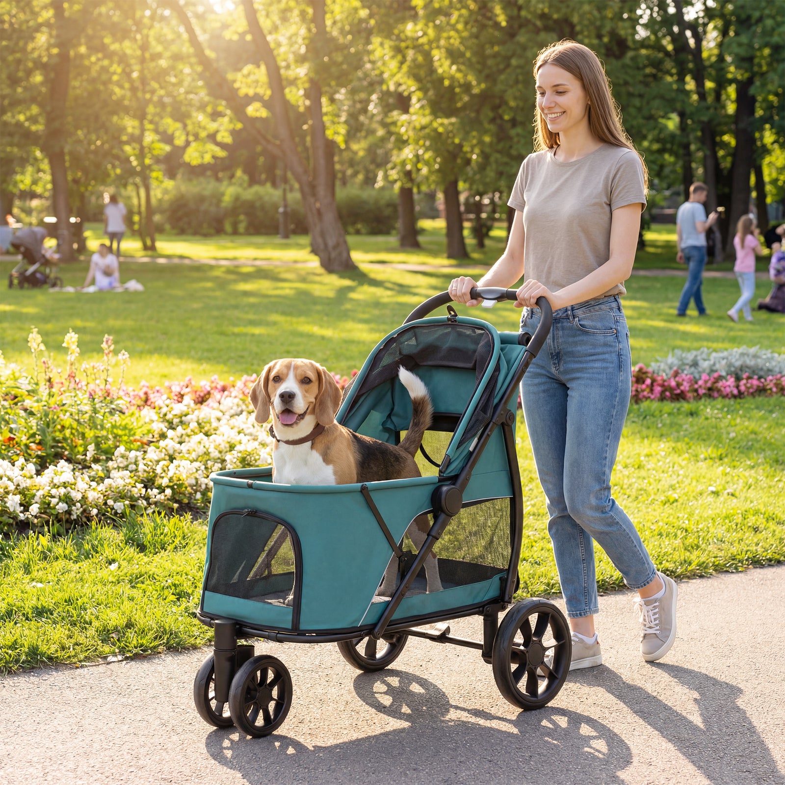 Dog Stroller, 3 Wheels Pet Stroller With Easy One-click Quick Fold | Dark Green