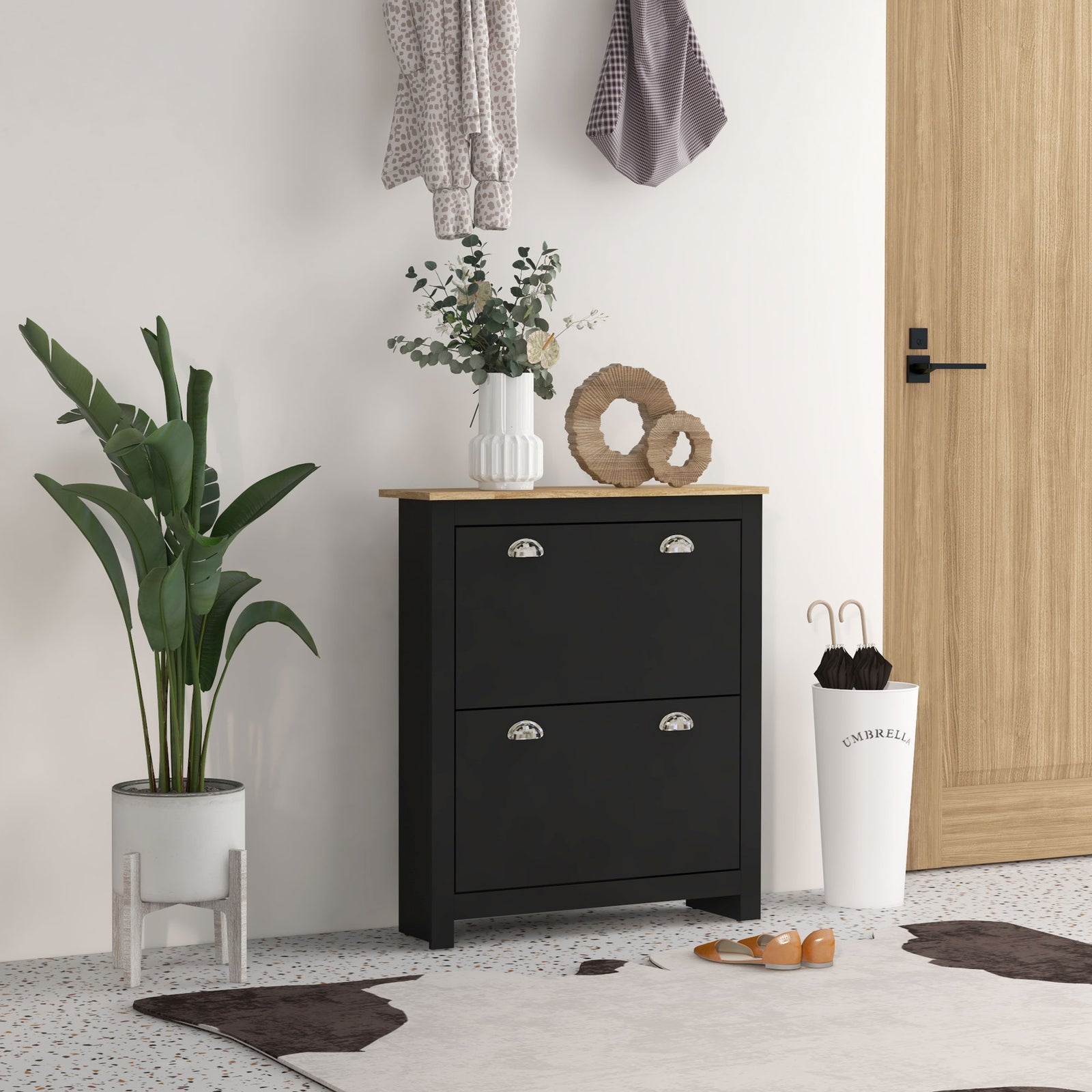 2 Drawer Shoe Cabinet, Flip Doors | Black
