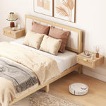 HOMCOM Floating Bedside Tables Set Of 2, Boho Nightstands With Rattan Drawer