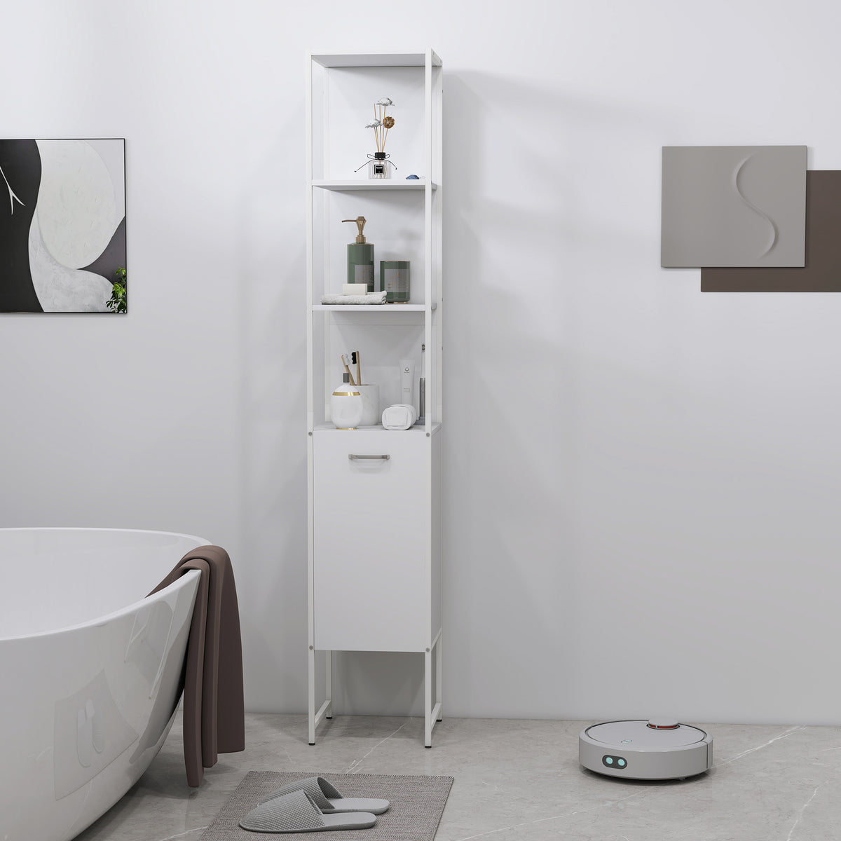 HOMCOM Tall Bathroom Cabinet With 3 Open Shelves Adjustable Shelf