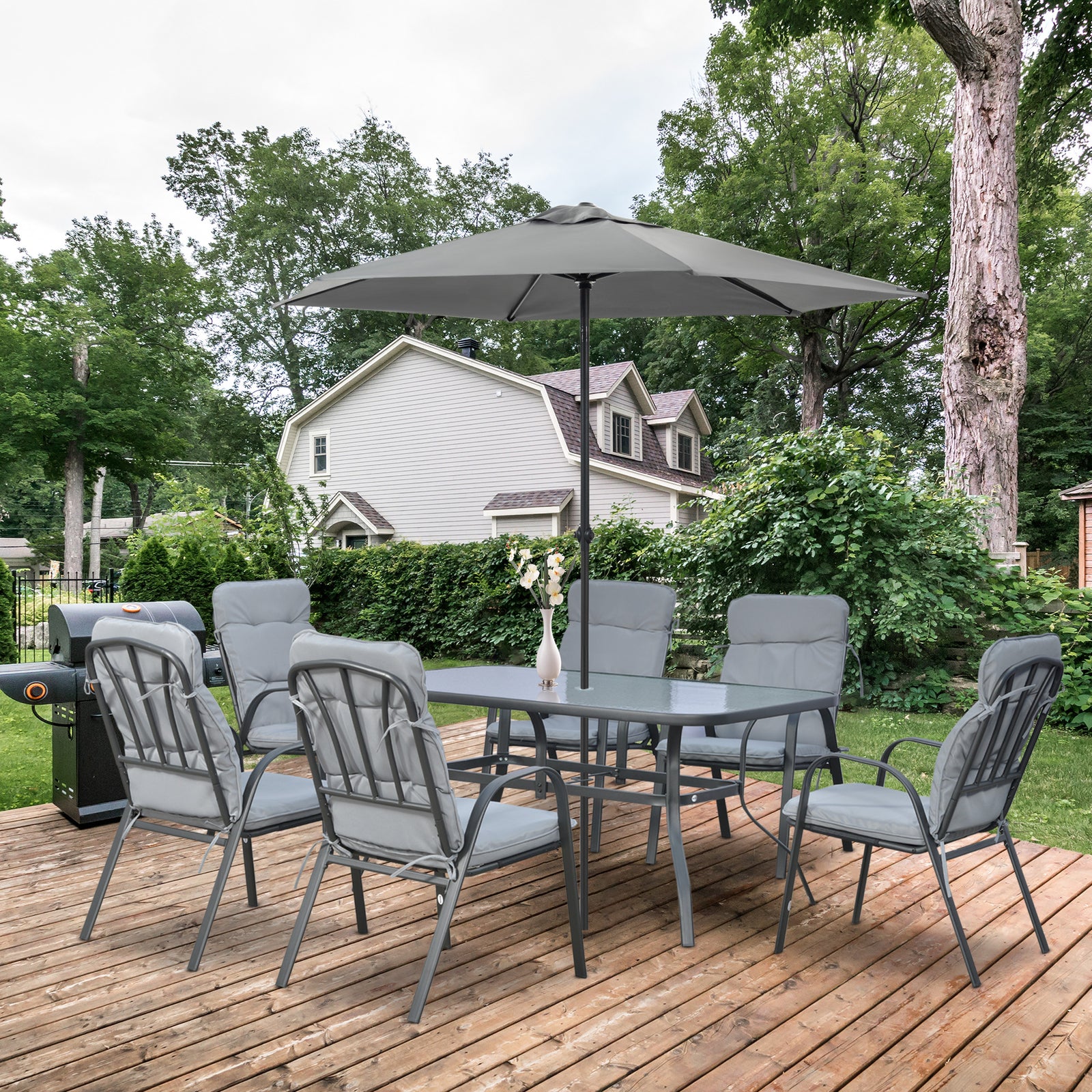 7 Pcs Garden Dining Set, Table W/ Umbrella Hole & Cushion | Gray