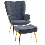 Button Tufted Armchair With Footstool Gold Tone Steel Legs | One Size | Dark Gray