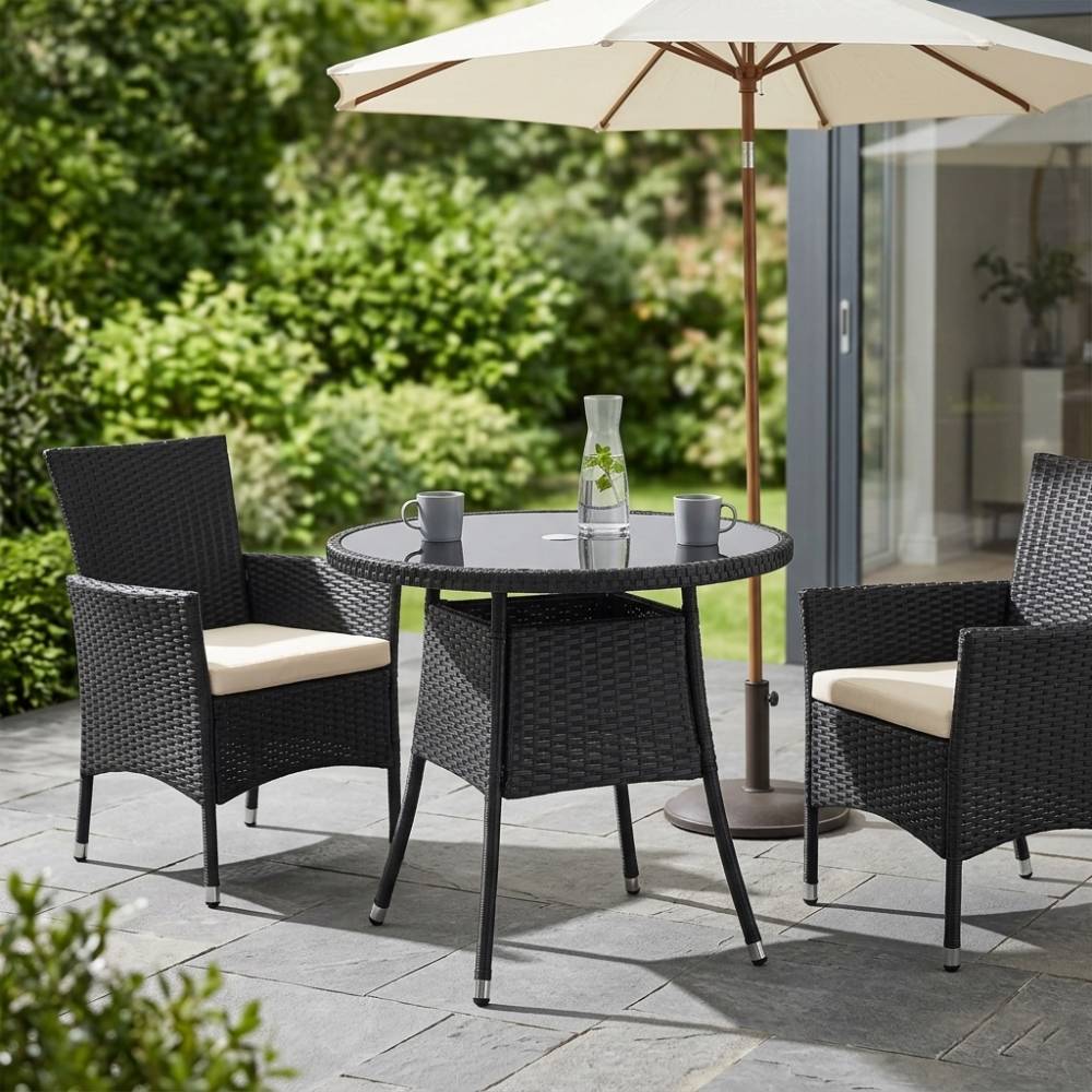 Round Wicker Patio Table With Black Tempered Glass Top With 51mm Umbrella Hole & Transparent Cap 80cm Dia X 72cm H | Black