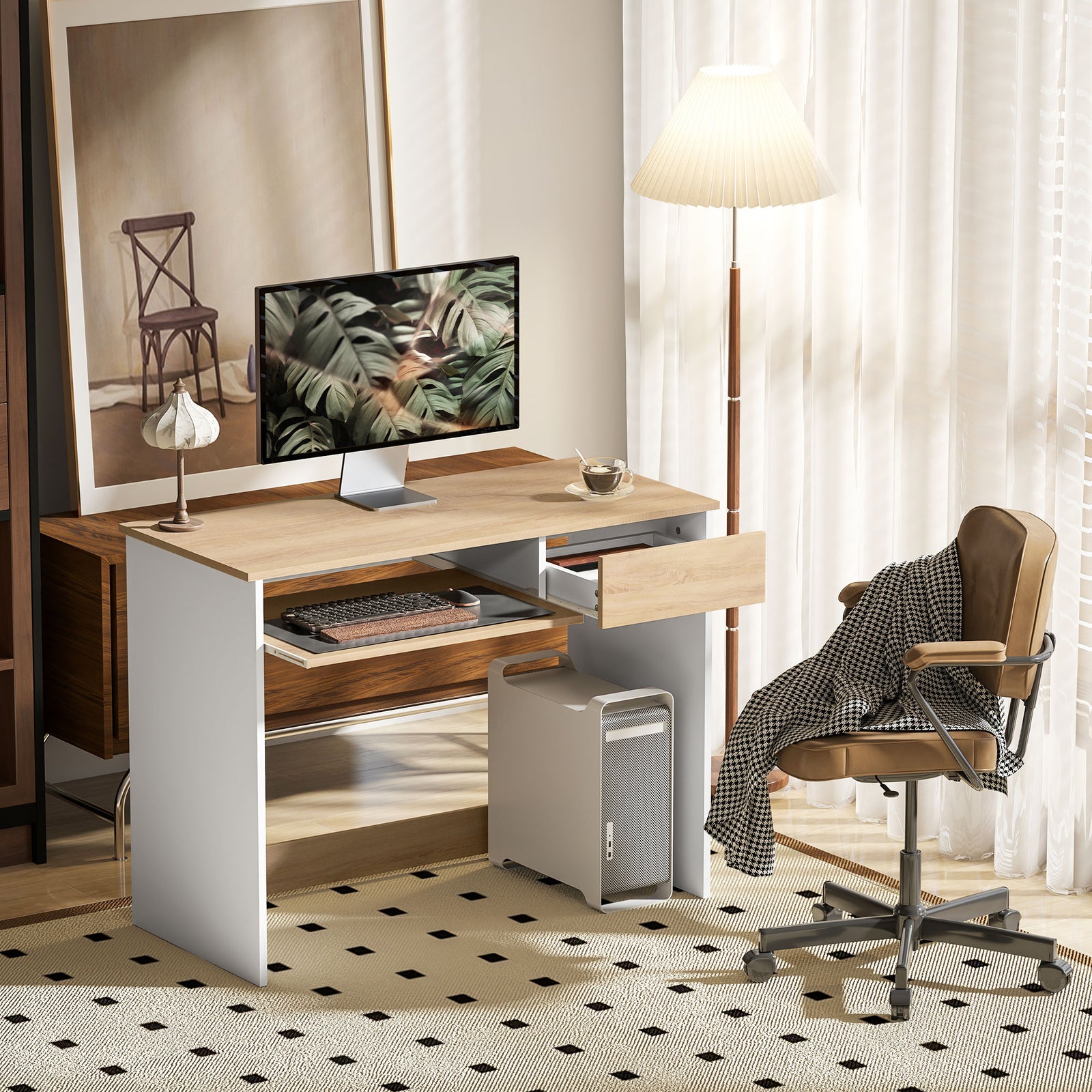 Compact Computer Table With Keyboard Tray And Drawer | Oak