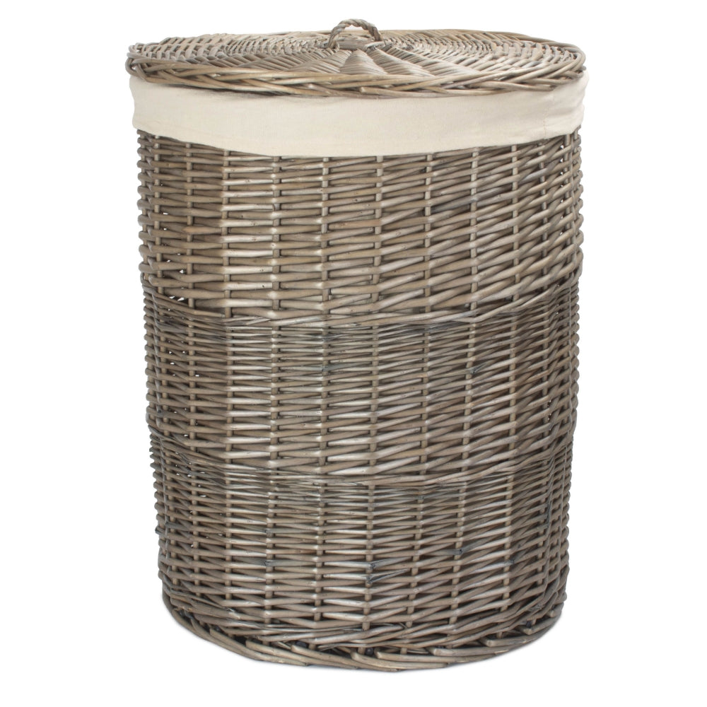 White Cotton Lined Wicker Antique Wash Round Laundry Baskets | Set of 2 | White