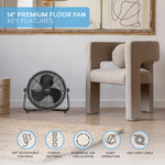 14/16/20" Circular Floor Fan - Powerful Air Cooling Fan With 3 Speed Settings | 14" | Black