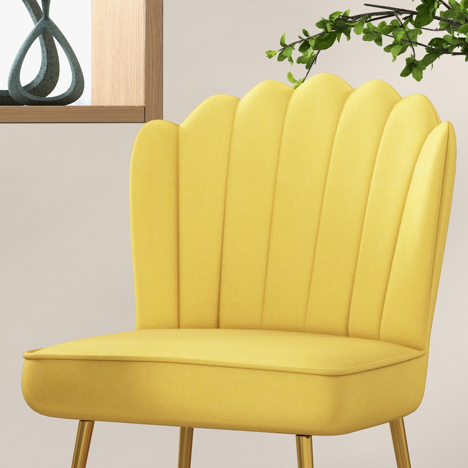 Velvet-feel Shell Accent Chair Bedroom Lounge Metal Legs | One Size | Yellow