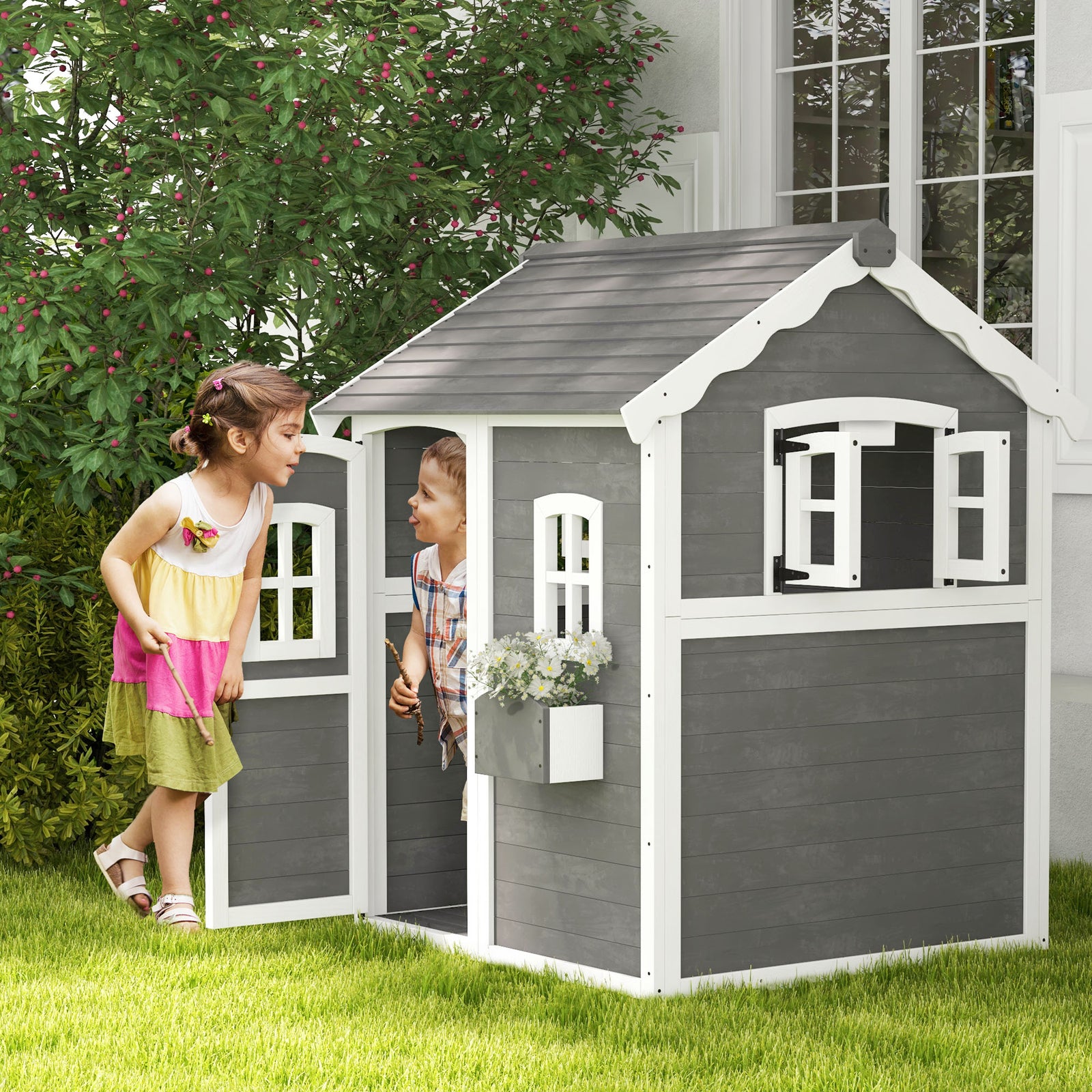 Wooden Wendy House For Kids With Floor, For Gardens, Patios - Grey