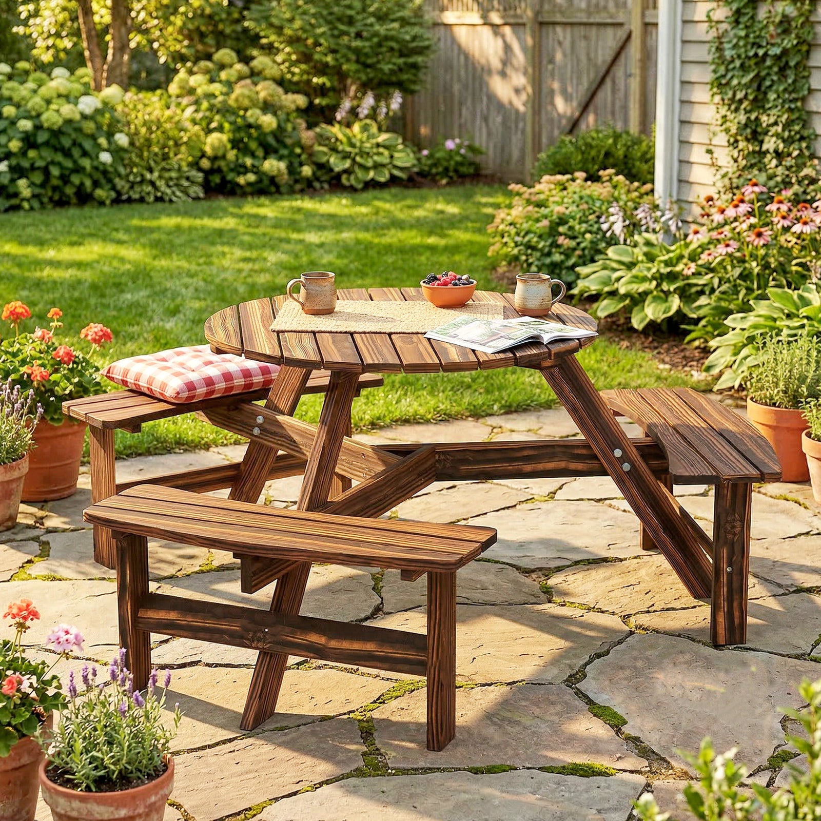 6 Person Fir Wood Table Bench Set Outdoor Garden Patio, Carbonized | Brown