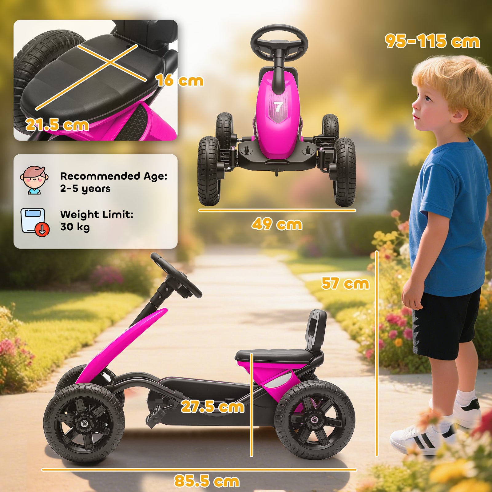 Pedal Go-kart For Kids With Silent Eva Wheels, Metal Frame | Pink