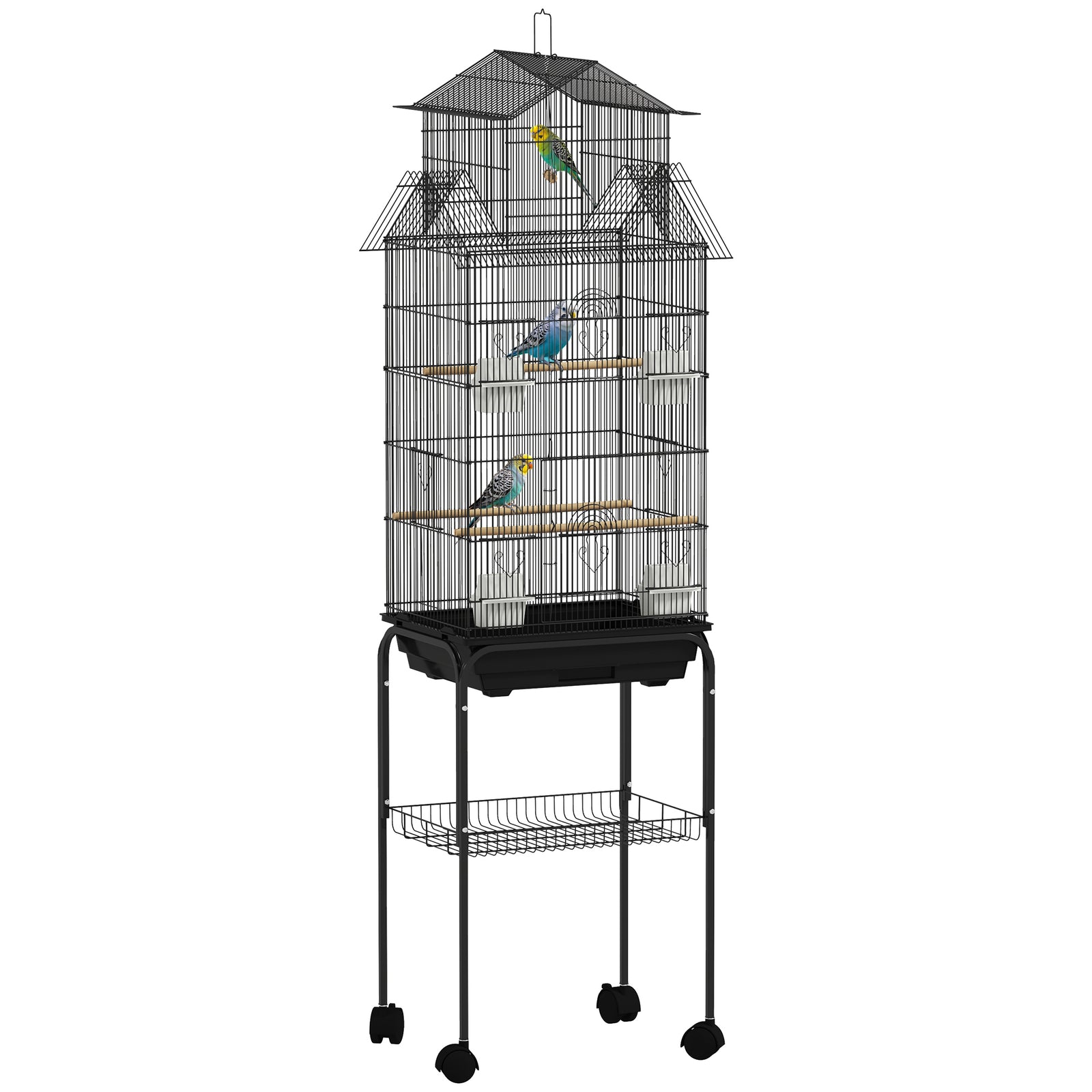 Metal Bird Cage W/ Perch, Food Container, Handle, For Finch, Canary | Large | Black