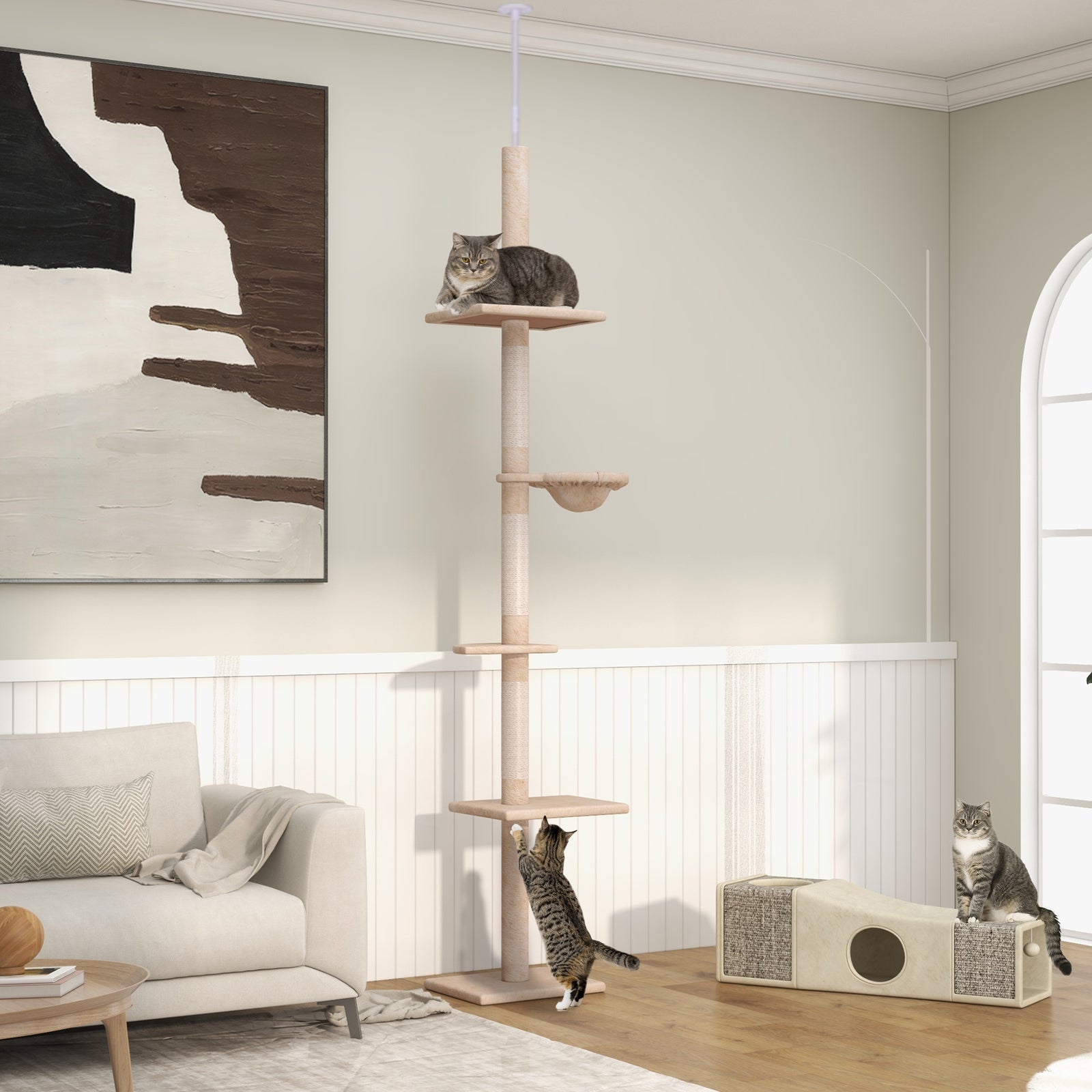 Floor To Ceiling Cat Tree For Indoor Cats 5-tier Kitty Tower | Beige