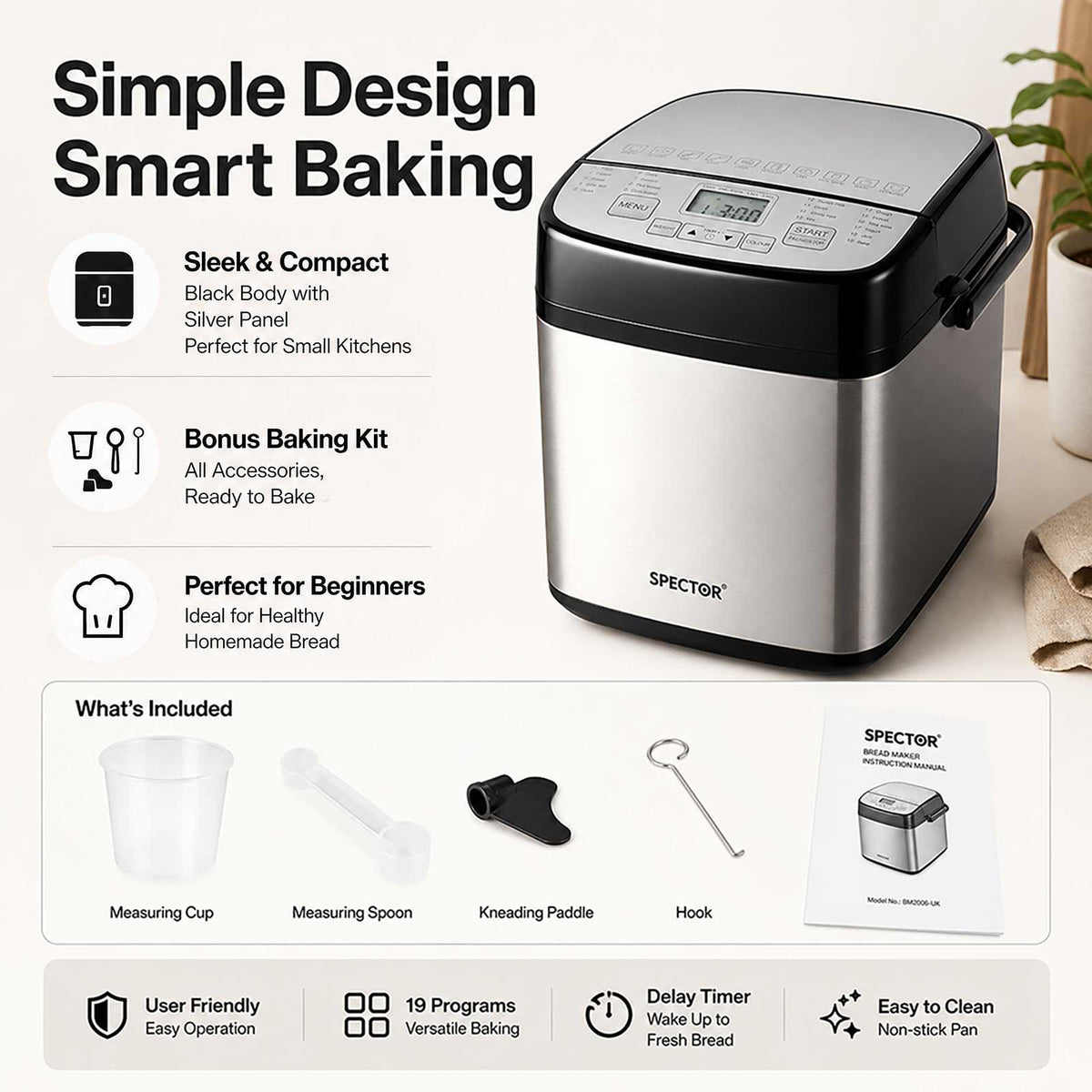 Spector Bread Maker 19 In 1 Compact Machine 15h Timer 1.5lb Black Silver