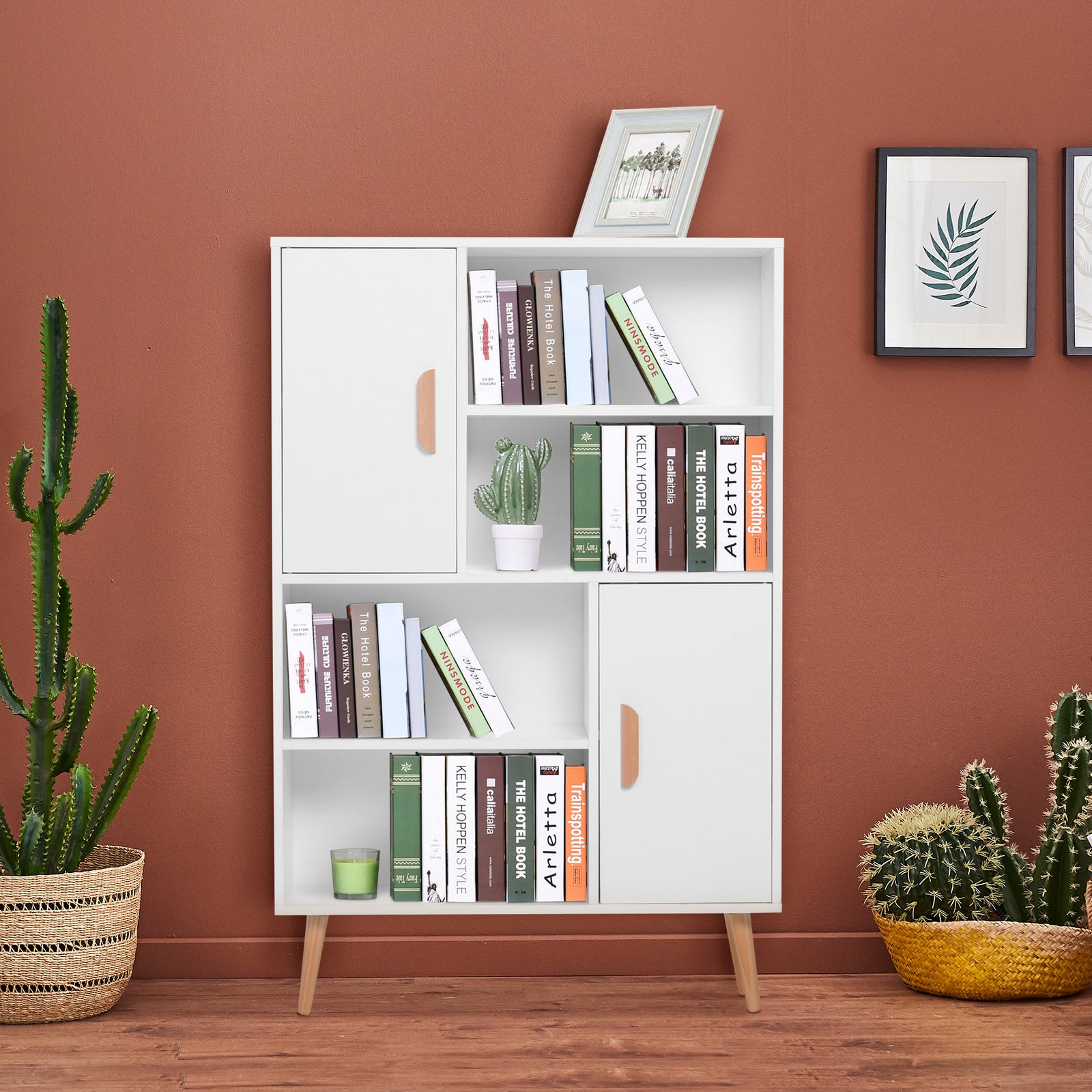 Free Standing Bookcase Shelves Unit With Two Doors White