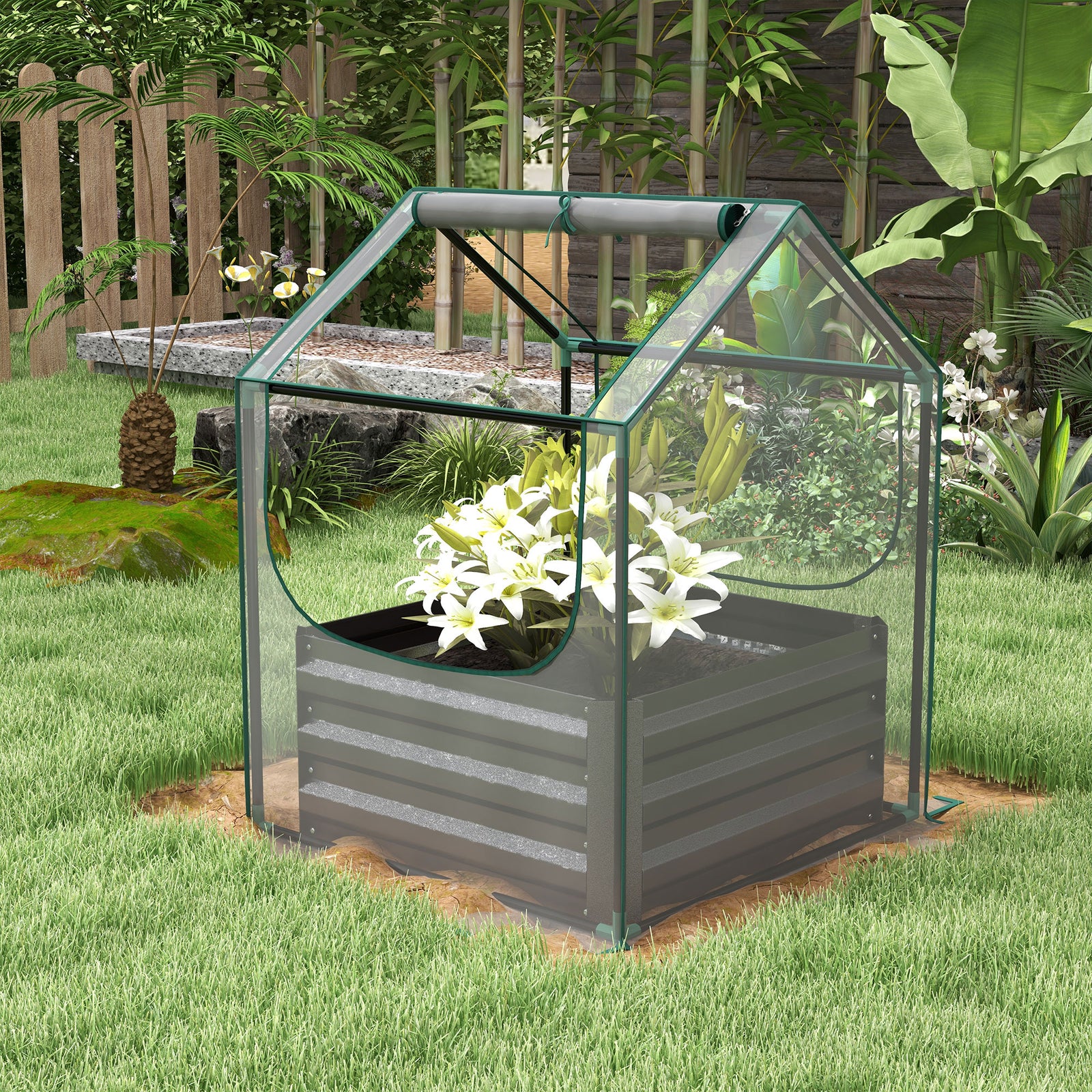 Raised Garden Bed W/ Greenhouse & Cover - Clear/Dark Grey