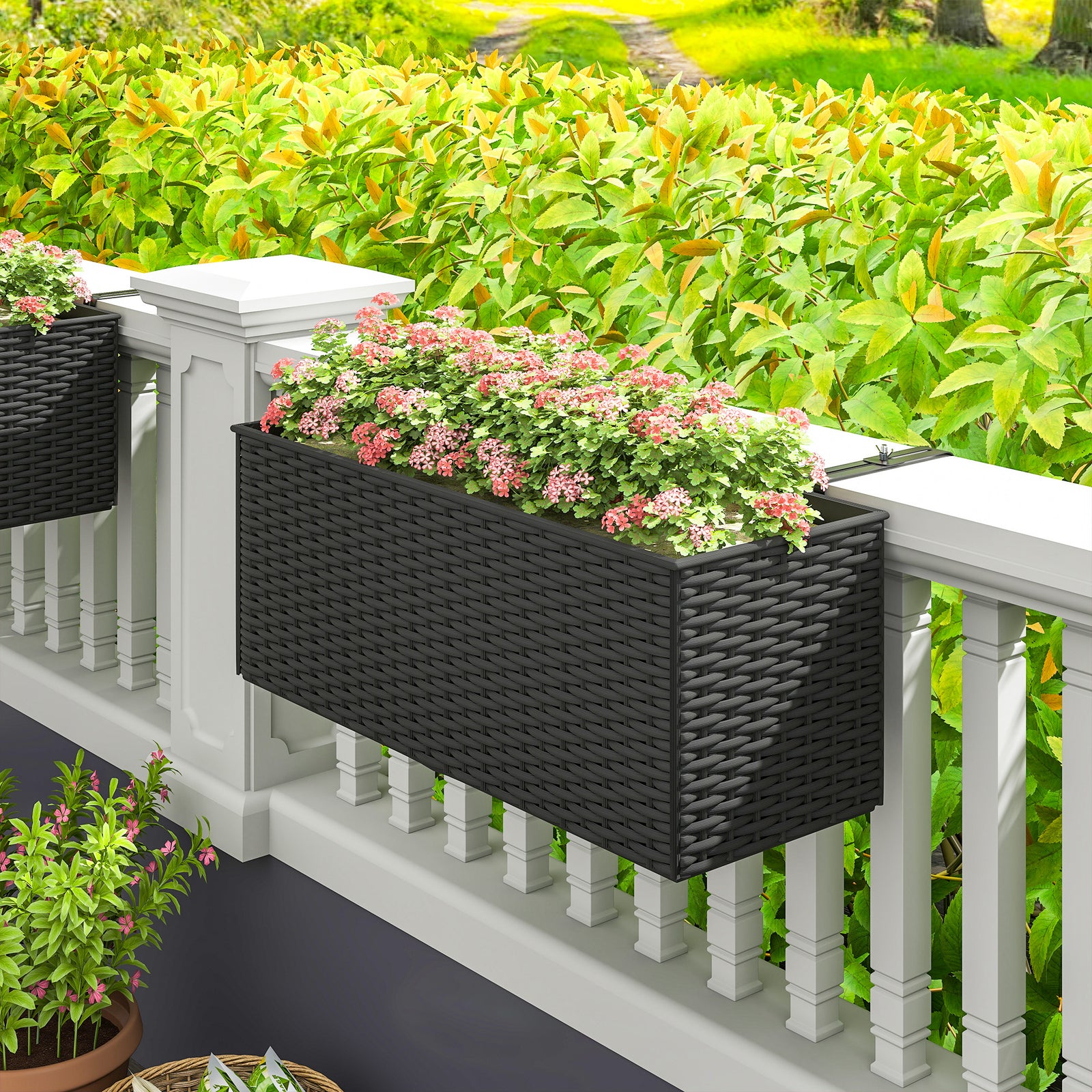 Set Of 2 Hanging Flower Boxes, 50 Cm Long, Rattan Look | Black