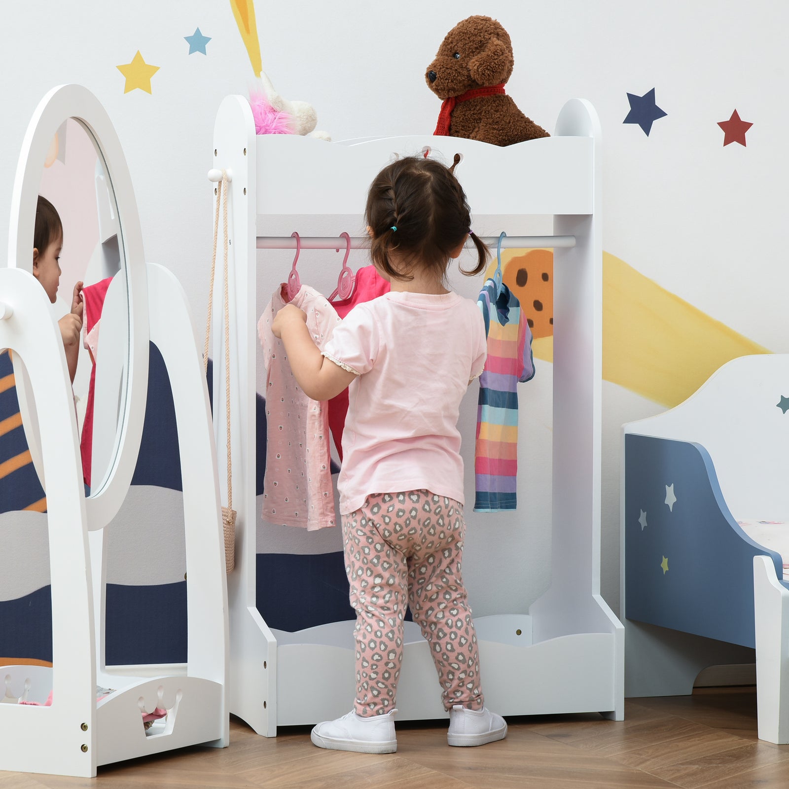 Kids Wood Clothes Rack With Storage Shelves Hall Tree For 3-8 Years